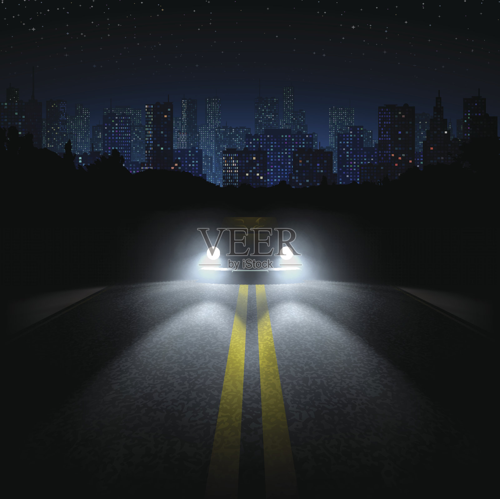 有车的夜路和地平线上的城市插画图片素材