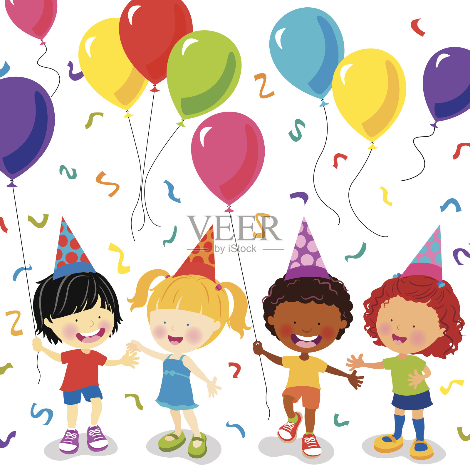 多民族儿童派对与气球插画图片素材
