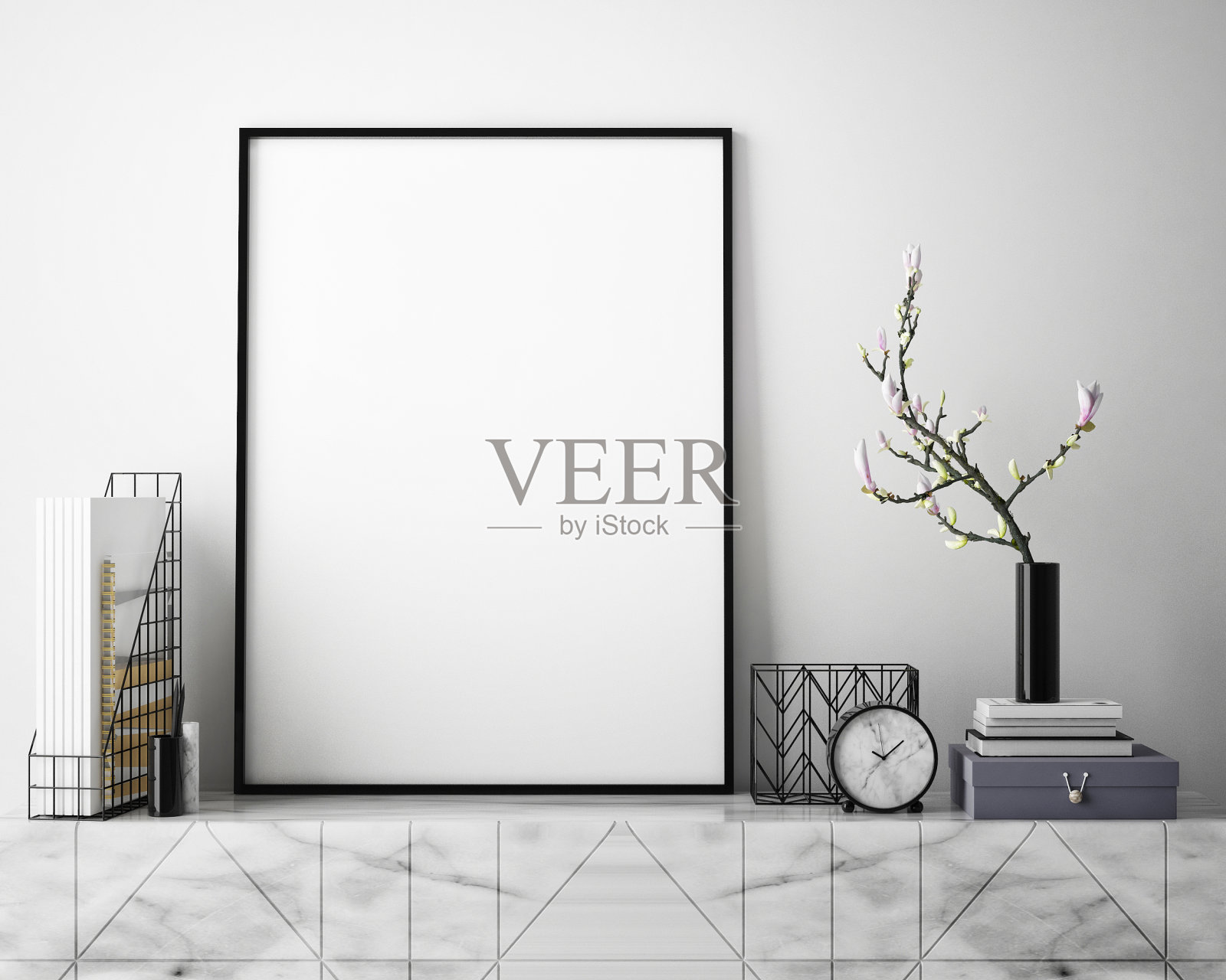 模拟海报框架在时髦的室内背景，斯堪的纳维亚风格，3D渲染照片摄影图片