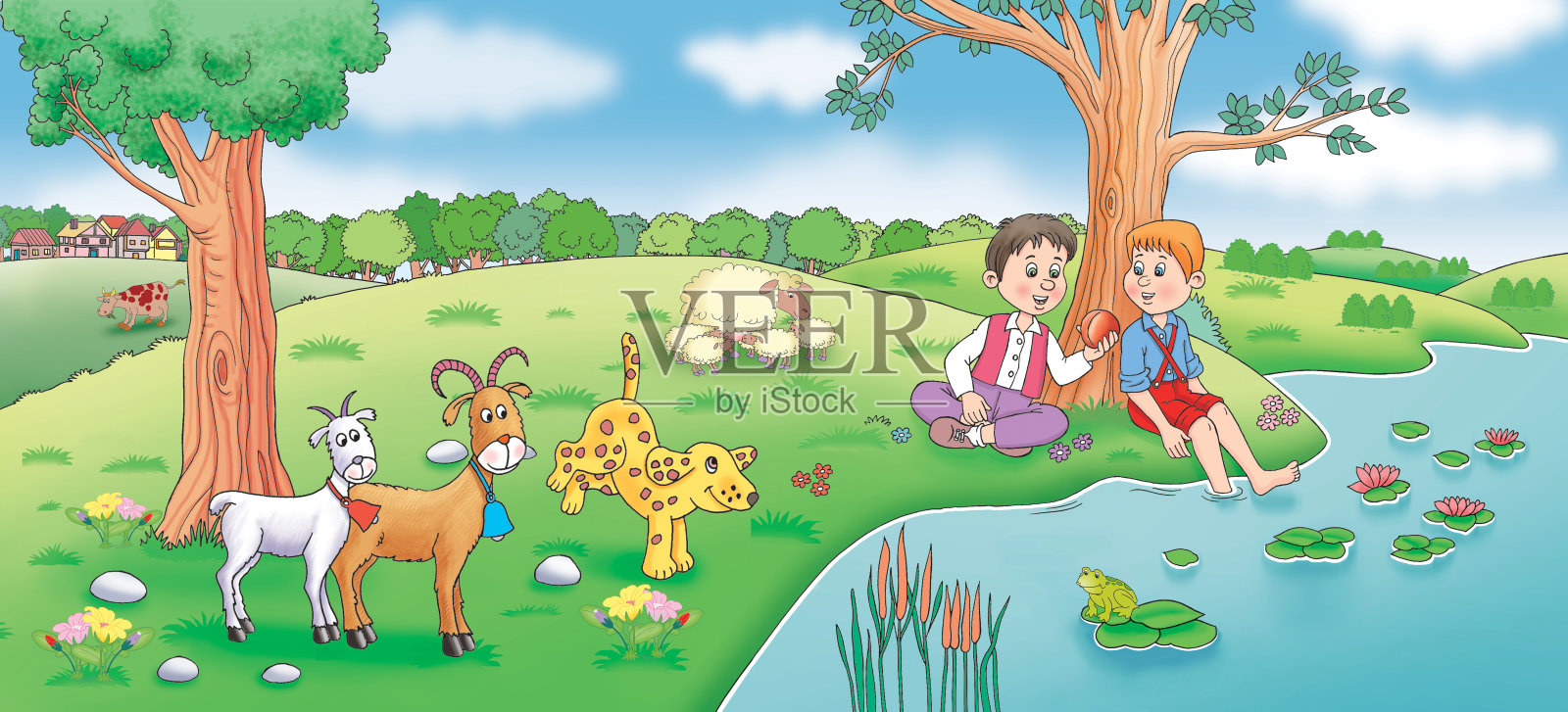 儿童和农场动物在草地上- jpg插图插画图片素材