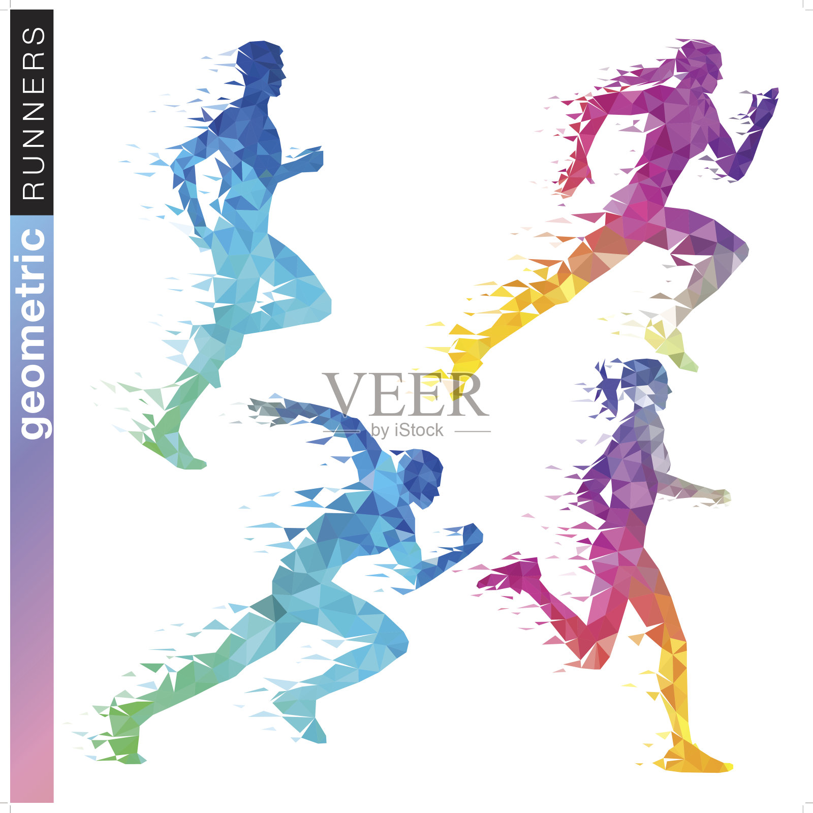 几何跑步者设置在彩虹的颜色插画图片素材