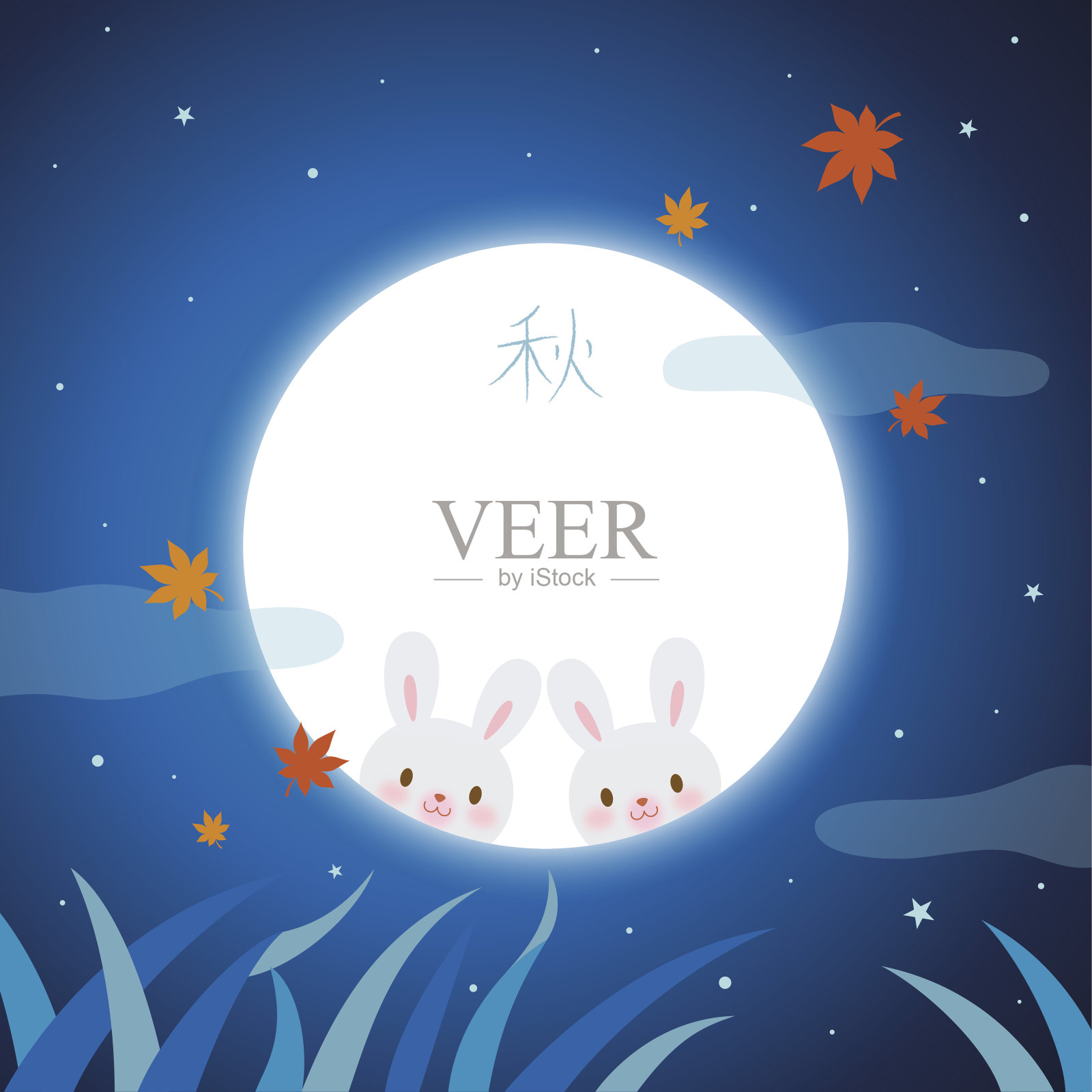中秋(秋夕)背景与可爱的月亮兔子在满月插画图片素材