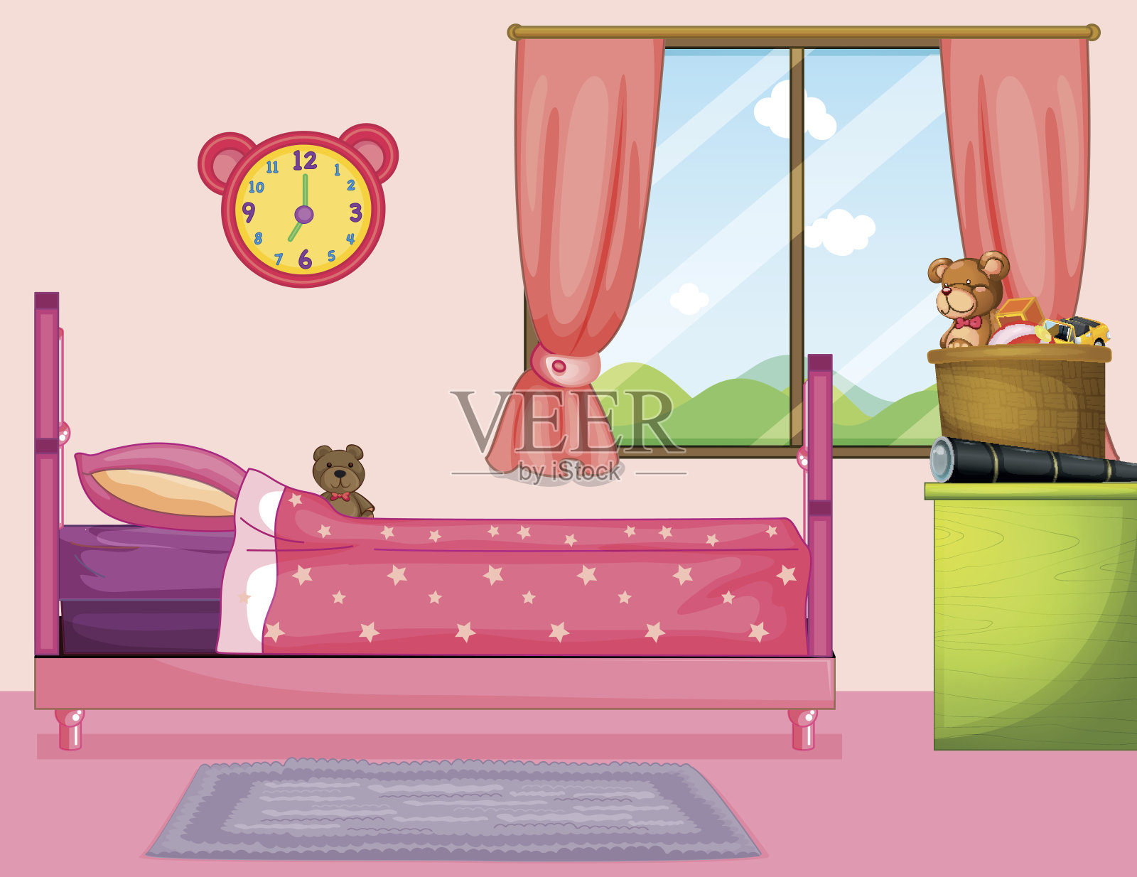 卧室有粉红色的床和窗帘插画图片素材