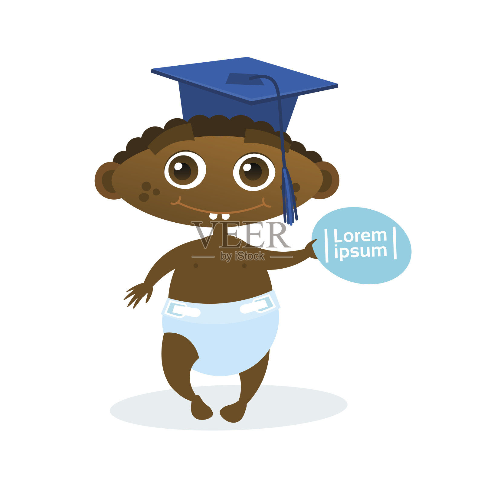 可爱的非裔美国婴儿男孩湿毕业帽蹒跚学步快乐卡通婴儿在尿布插画图片素材