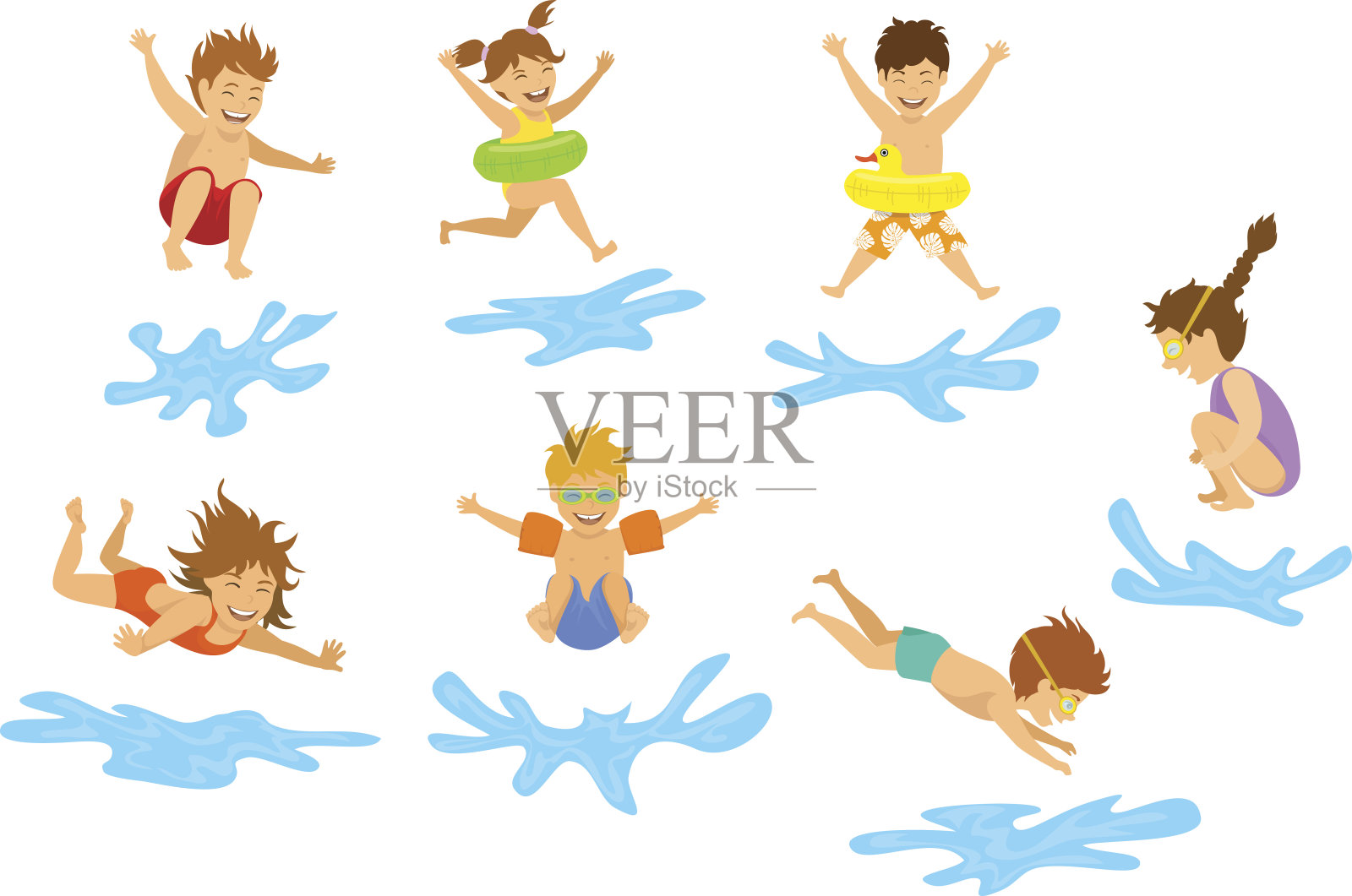 孩子们活泼好动，男孩女孩们跳跃式跳进游泳池孤立的水里插画图片素材