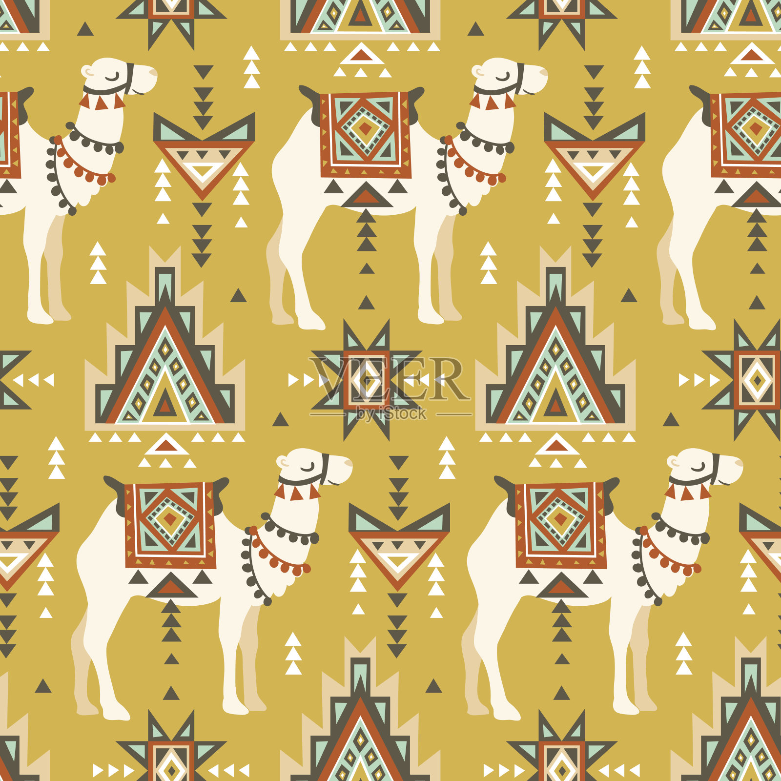 矢量无缝模式与骆驼和民族图案。沙漠波西米亚设计的织物设计。插画图片素材