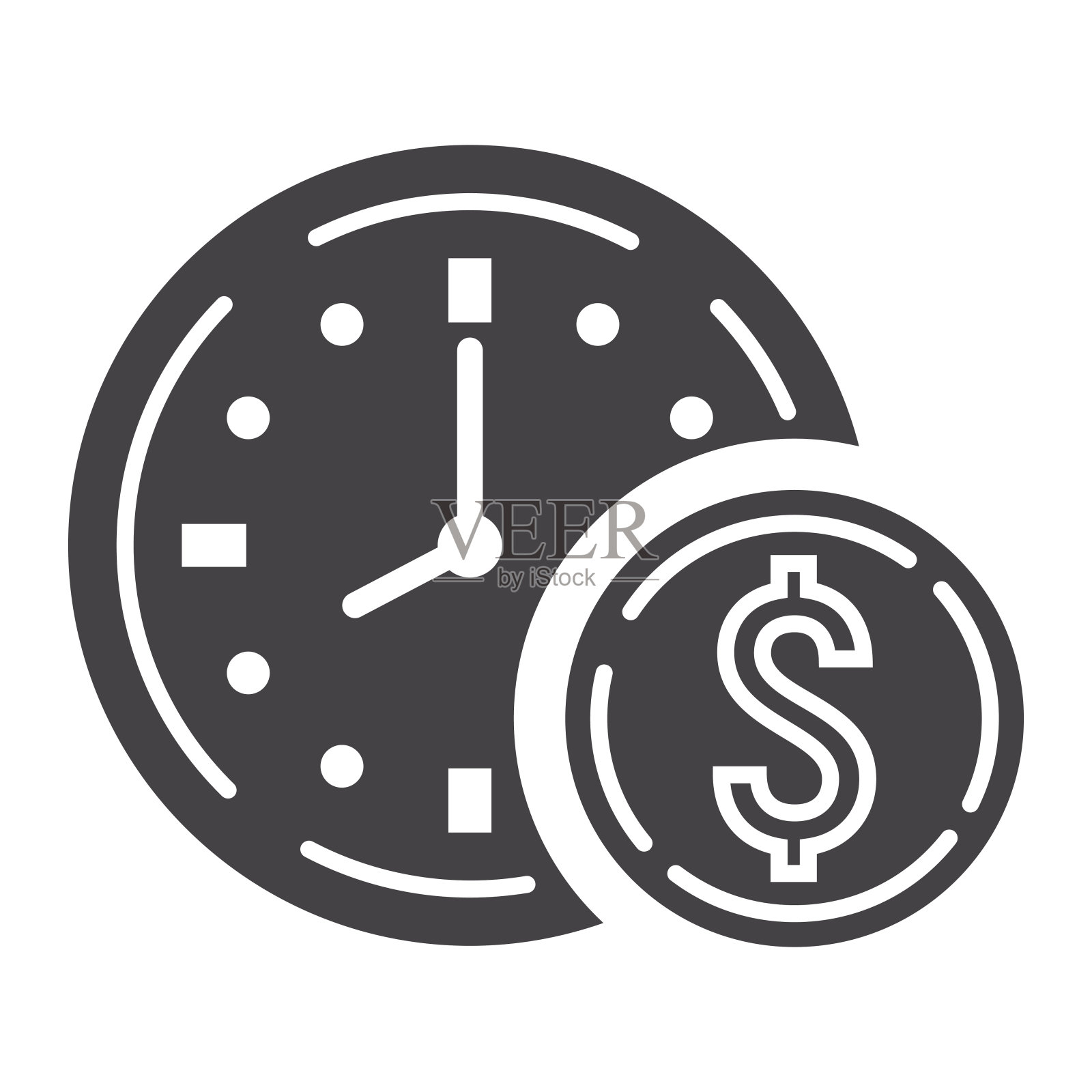 时间就是金钱符号，商业和金融，硬币符号矢量图形，白色背景上的固体模式，eps 10。设计元素图片