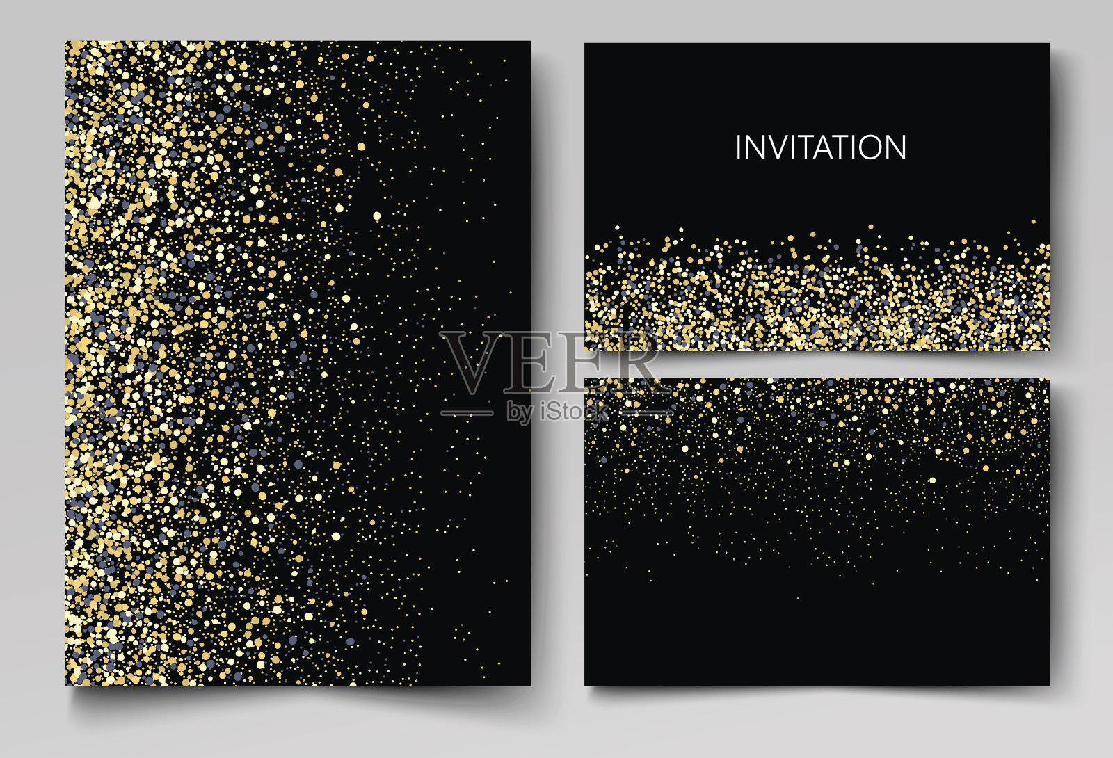 婚礼卡片与抽象的金色纸屑背景。向量eps10设计模板素材