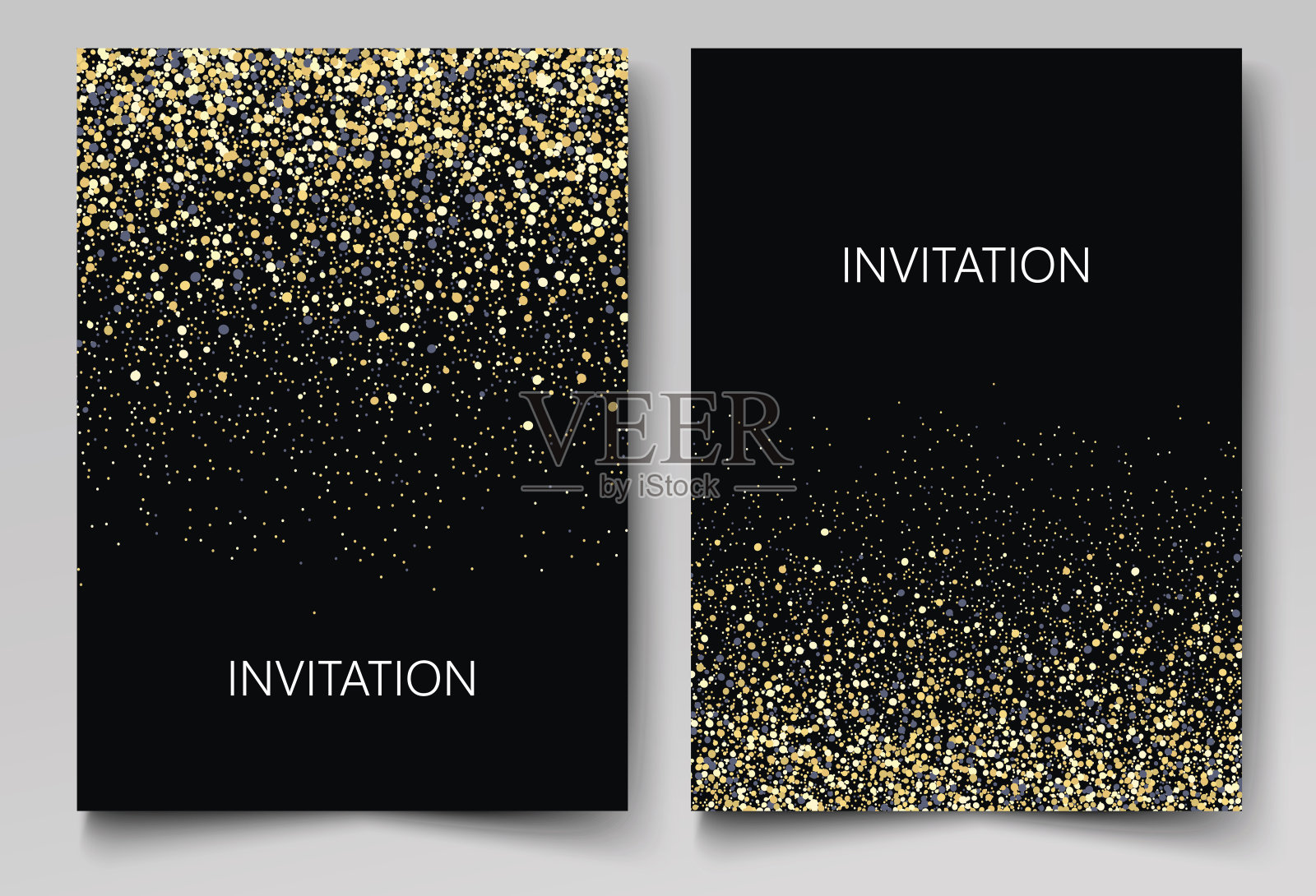 邀请模板与金色的五彩纸屑背景。为活动设计节日贺卡设计模板素材