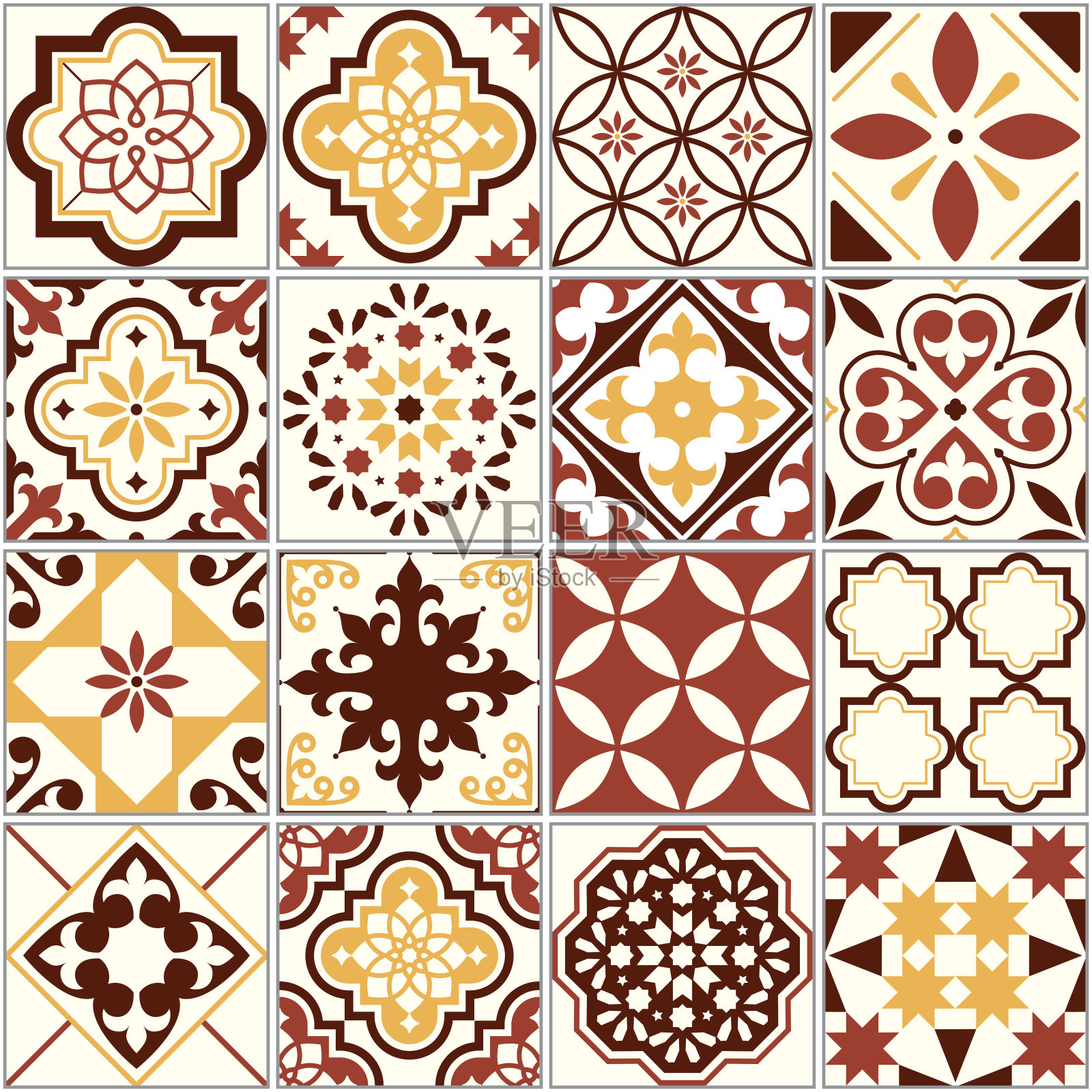 葡萄牙矢量瓷砖，里斯本艺术图案，地中海无缝装饰在棕色和黄色插画图片素材