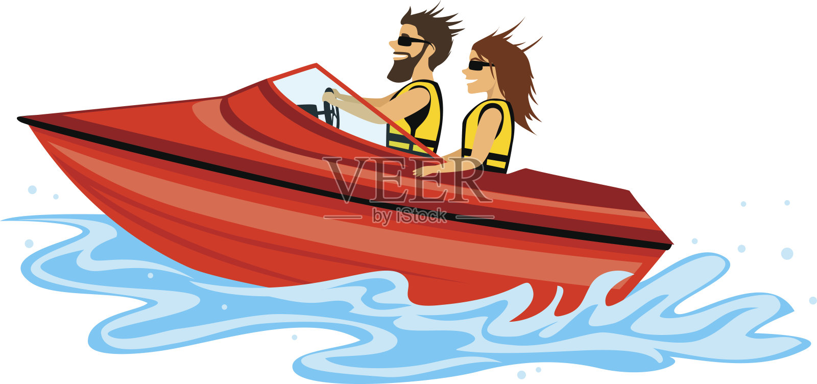 男人和女人，夫妇驾驶快艇，彩色孤立矢量插图插画图片素材