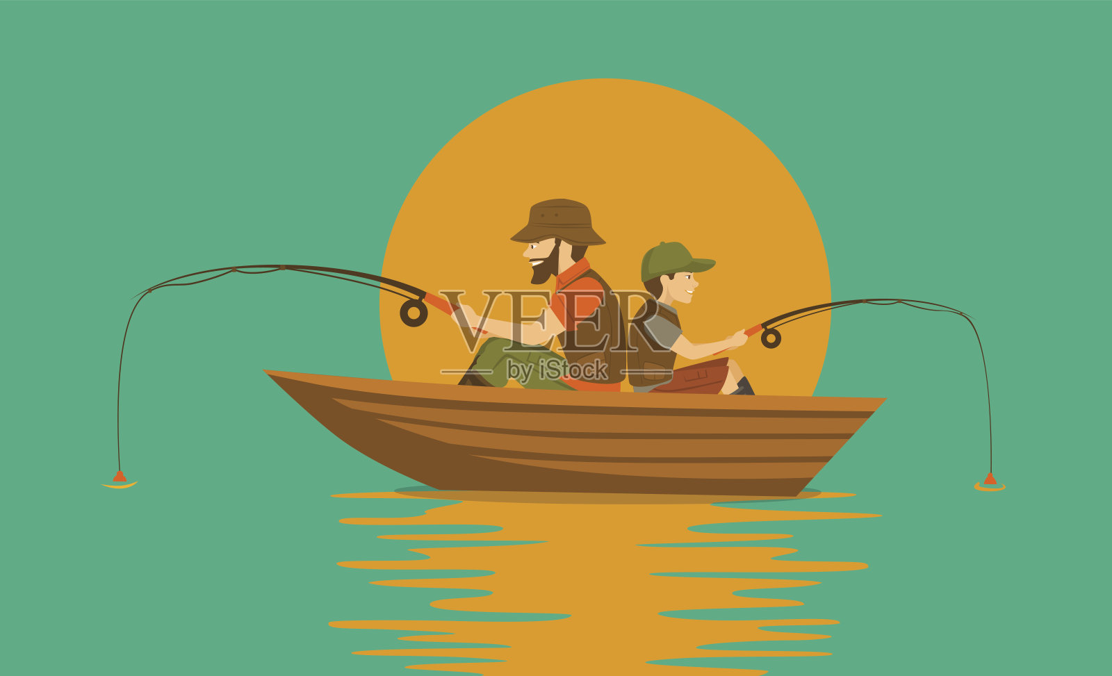 父亲和儿子在湖上的船上钓鱼插画图片素材