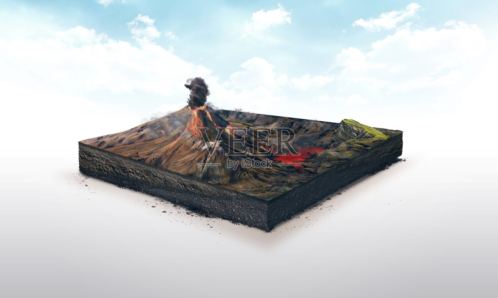 土壤切片的3d插图，火山喷发，熔岩，孤立在白色的背景照片摄影图片