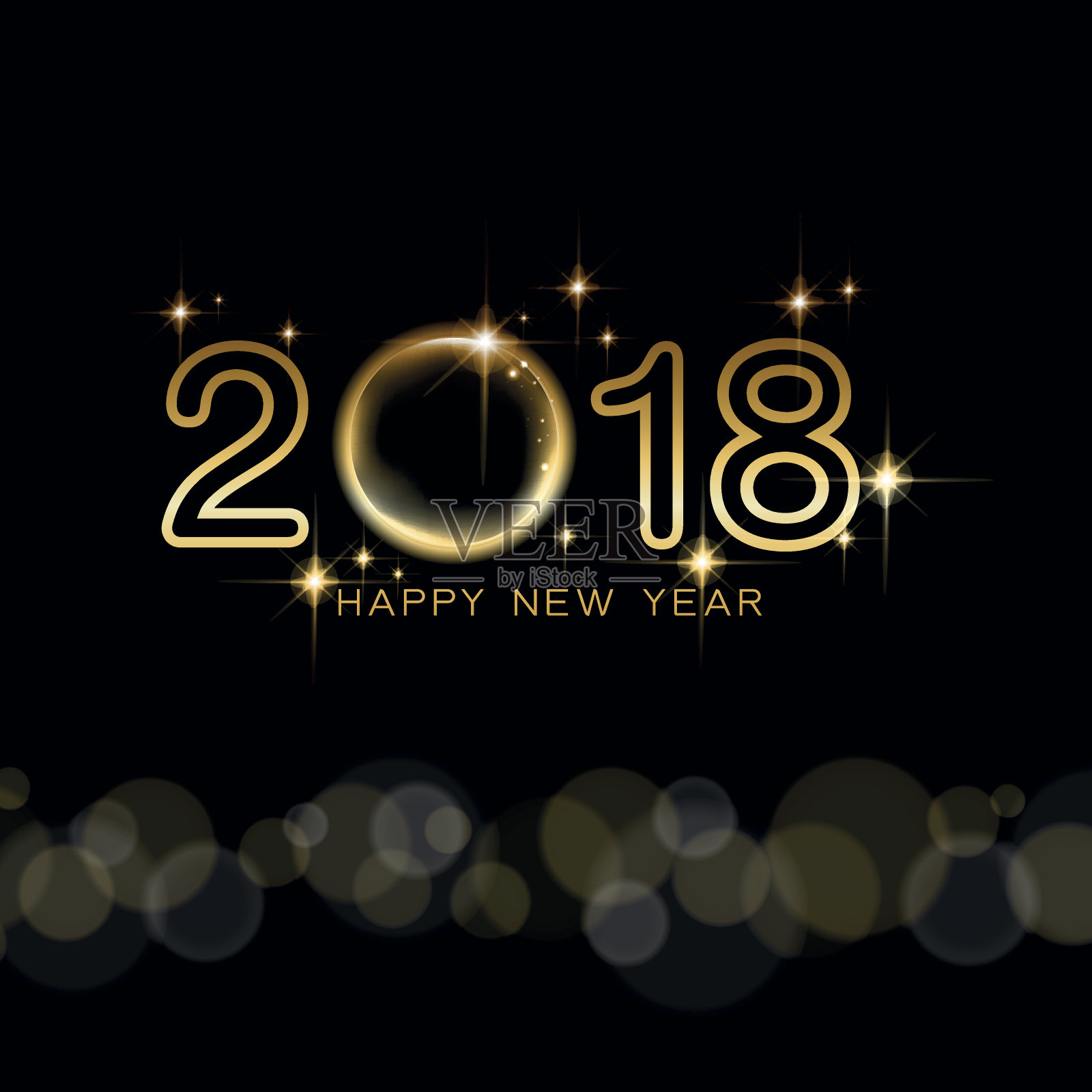 2018年新年快乐文字设计金色星星和黑色背景。矢量插图。插画图片素材