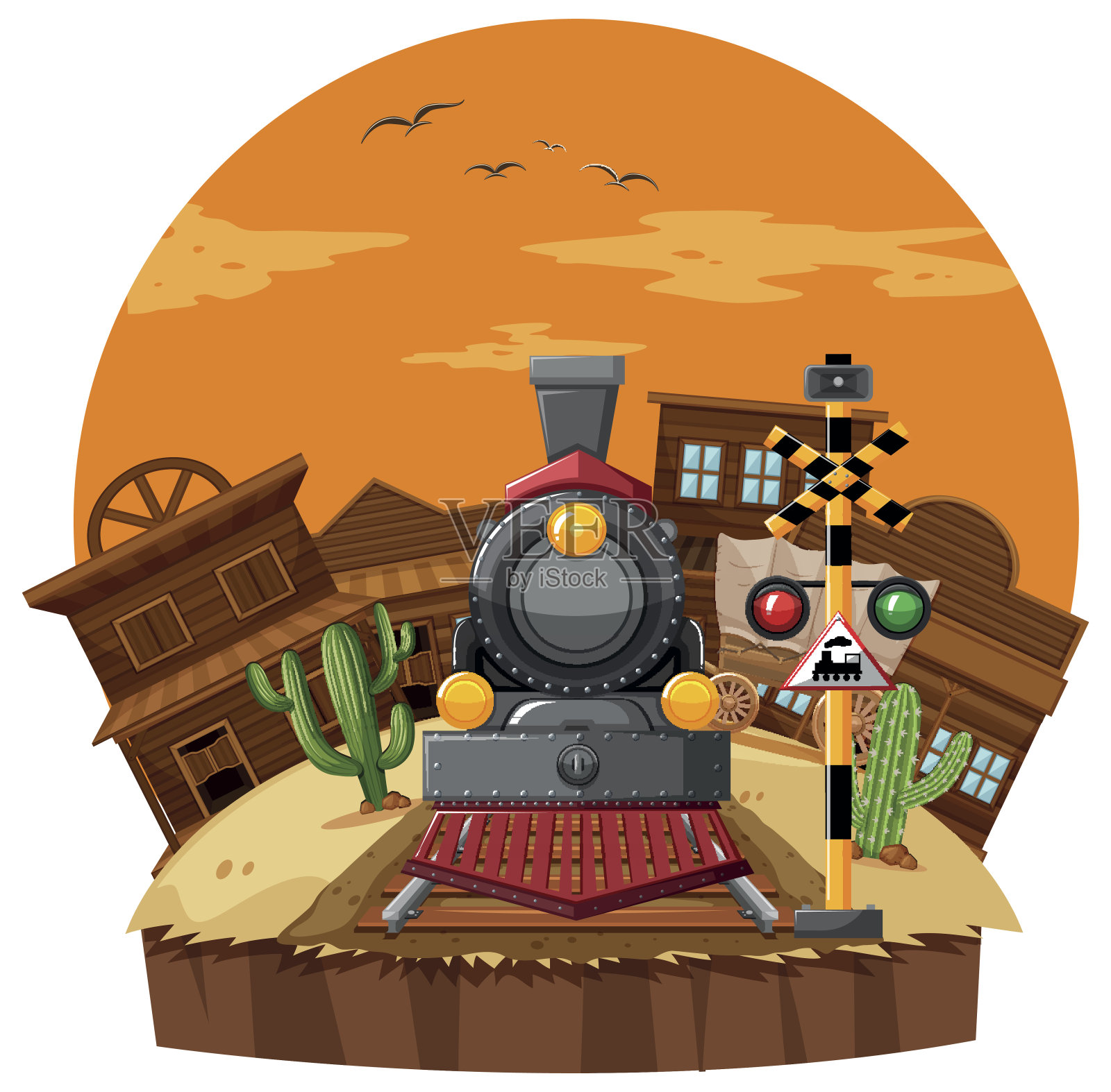 西部小镇的火车旅程插画图片素材
