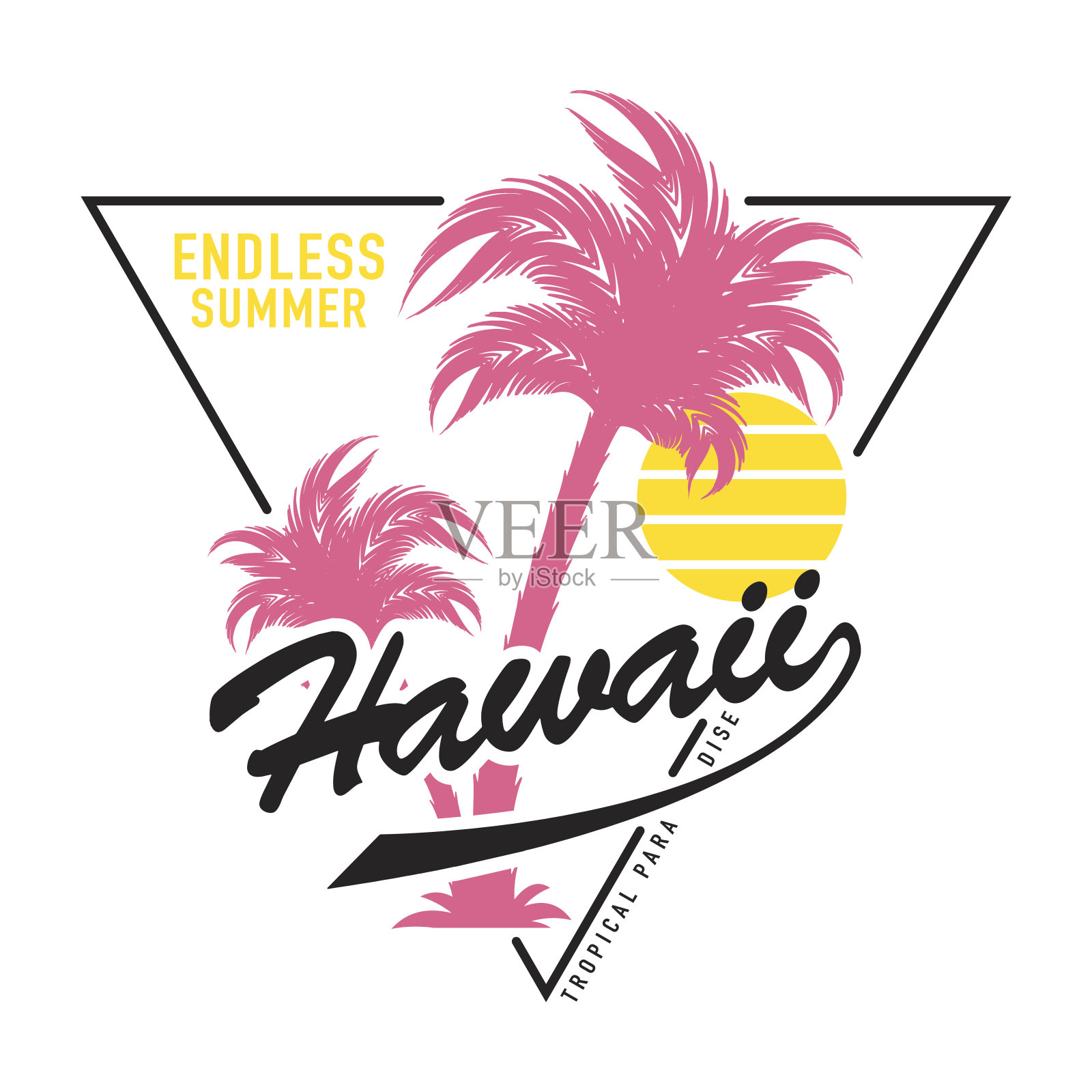 夏威夷排版与棕榈树和太阳夏季度假海滩概念t恤图形矢量印花设计插画图片素材