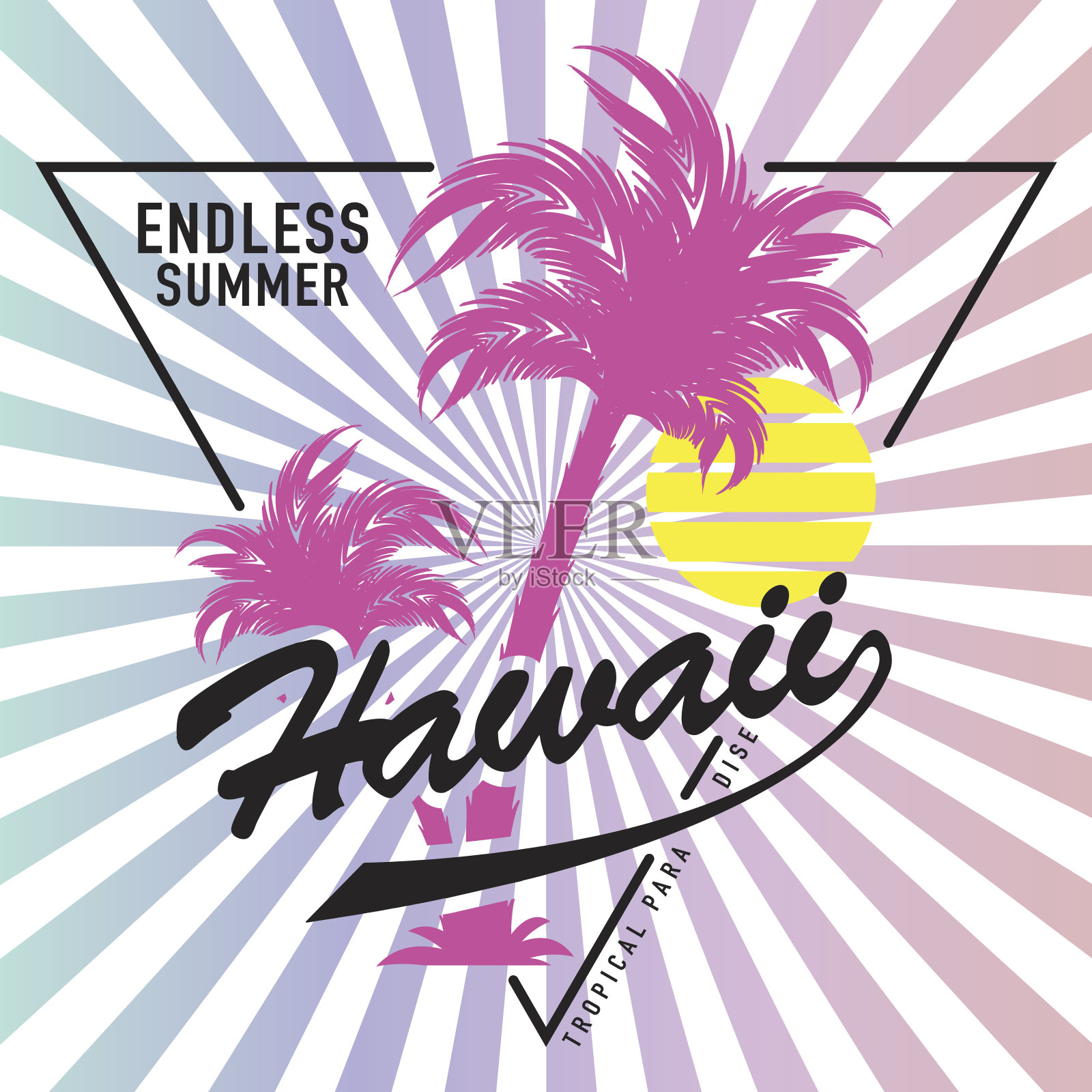 夏威夷排版与棕榈树夏季度假海滩概念t恤图形矢量印花设计插画图片素材