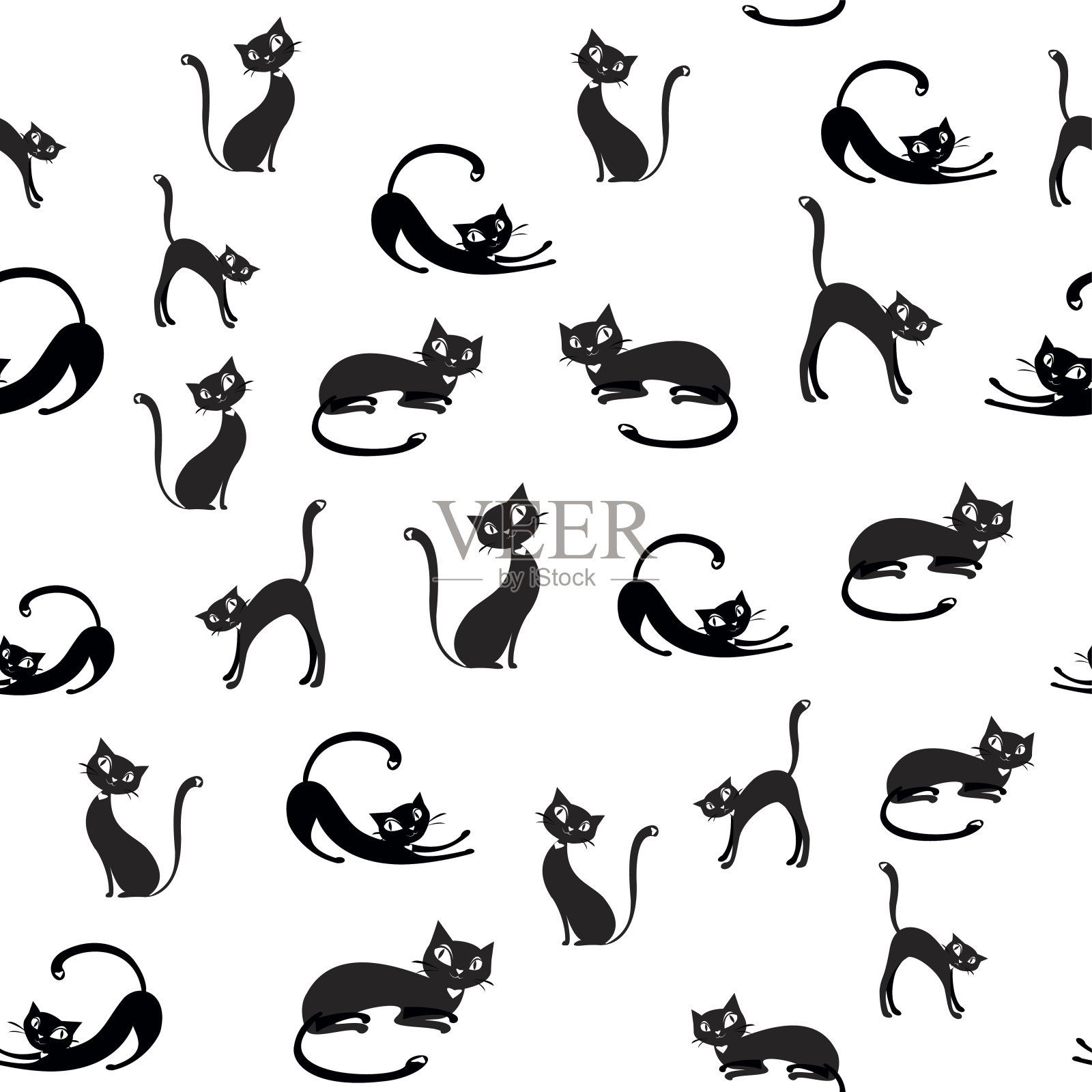 黑猫无缝图案，上白底插画图片素材