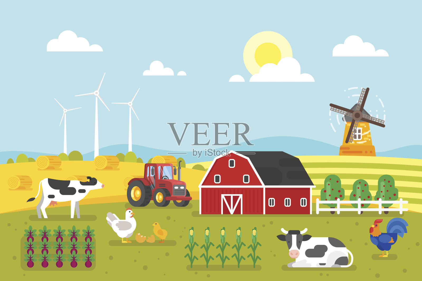 农场有奶牛和鸡。插画图片素材