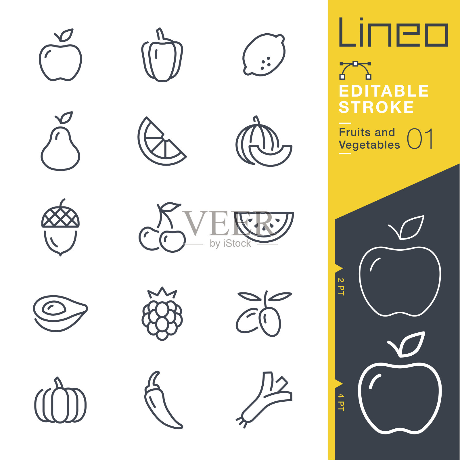 可编辑的笔触-水果和蔬菜的线条图标设计元素图片