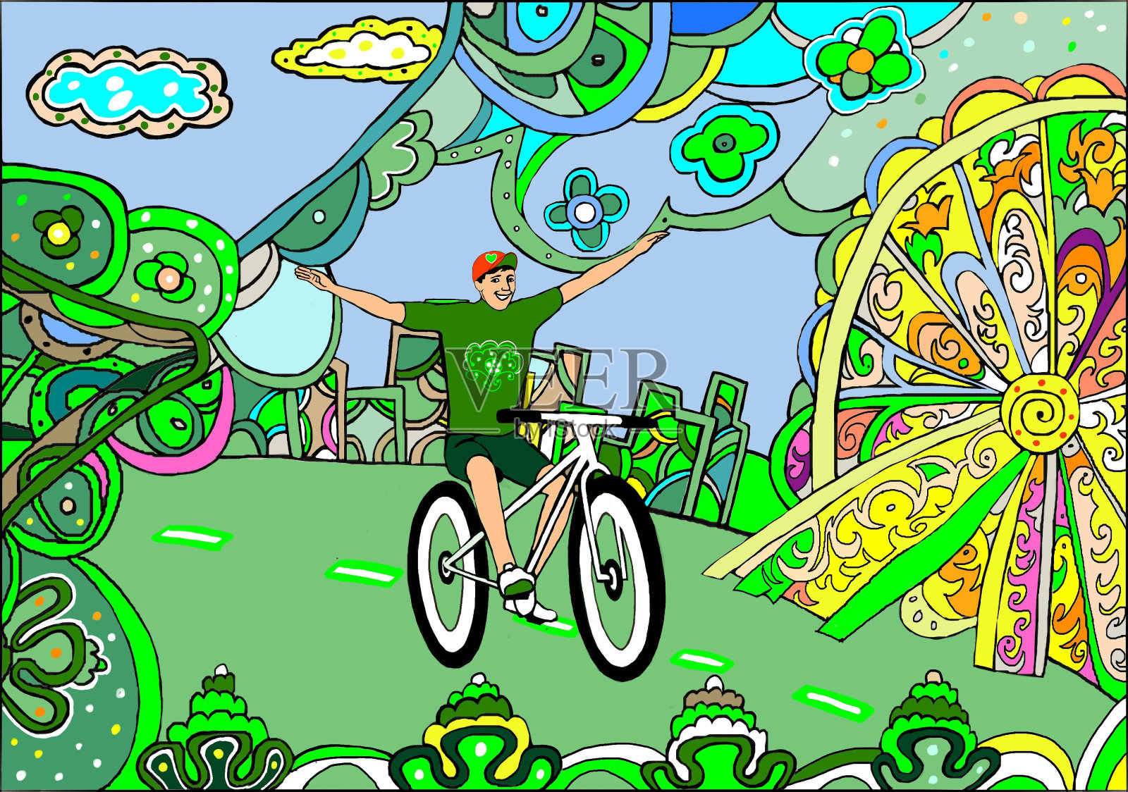 一个年轻的骑自行车的人插画图片素材