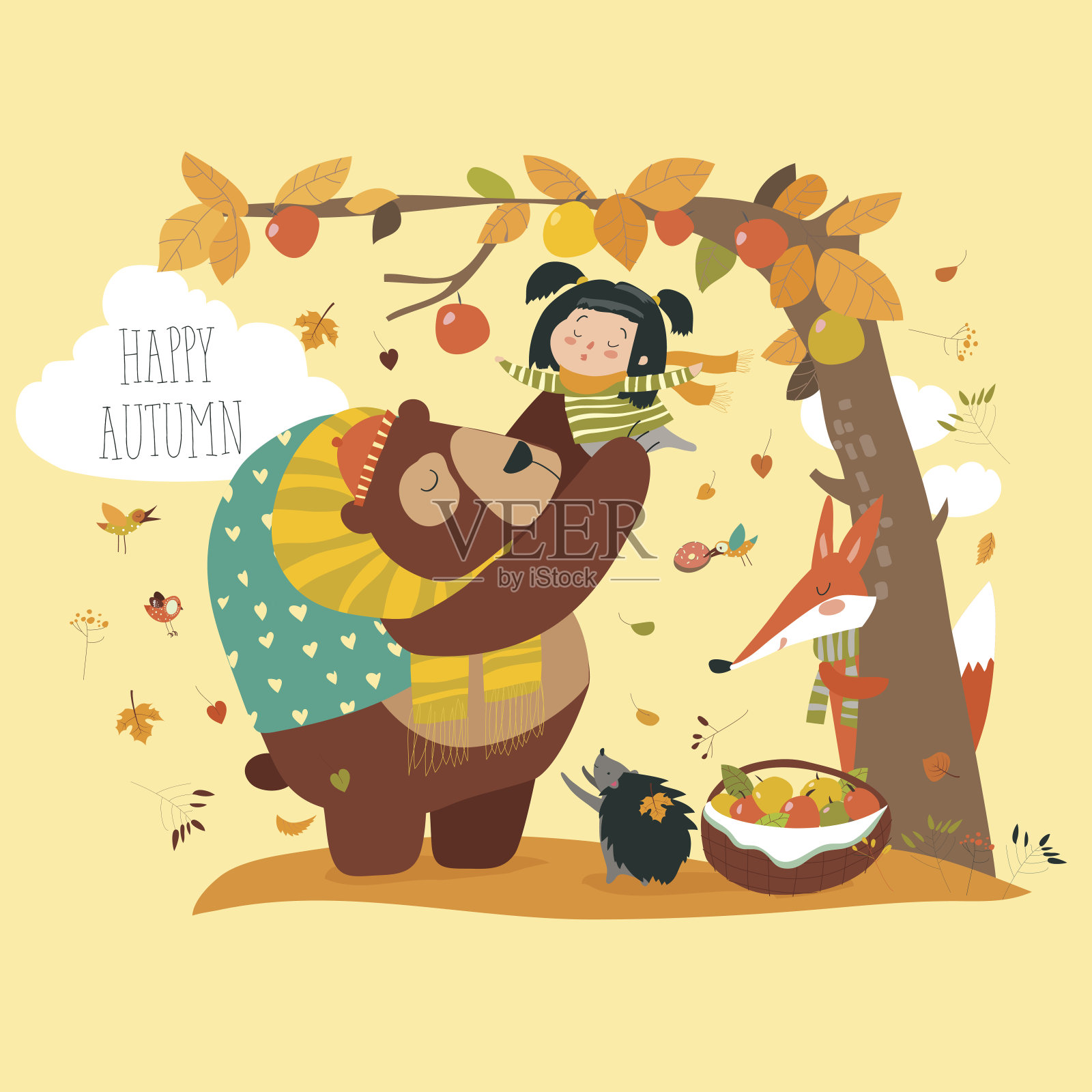 有趣的熊和可爱的女孩摘苹果插画图片素材