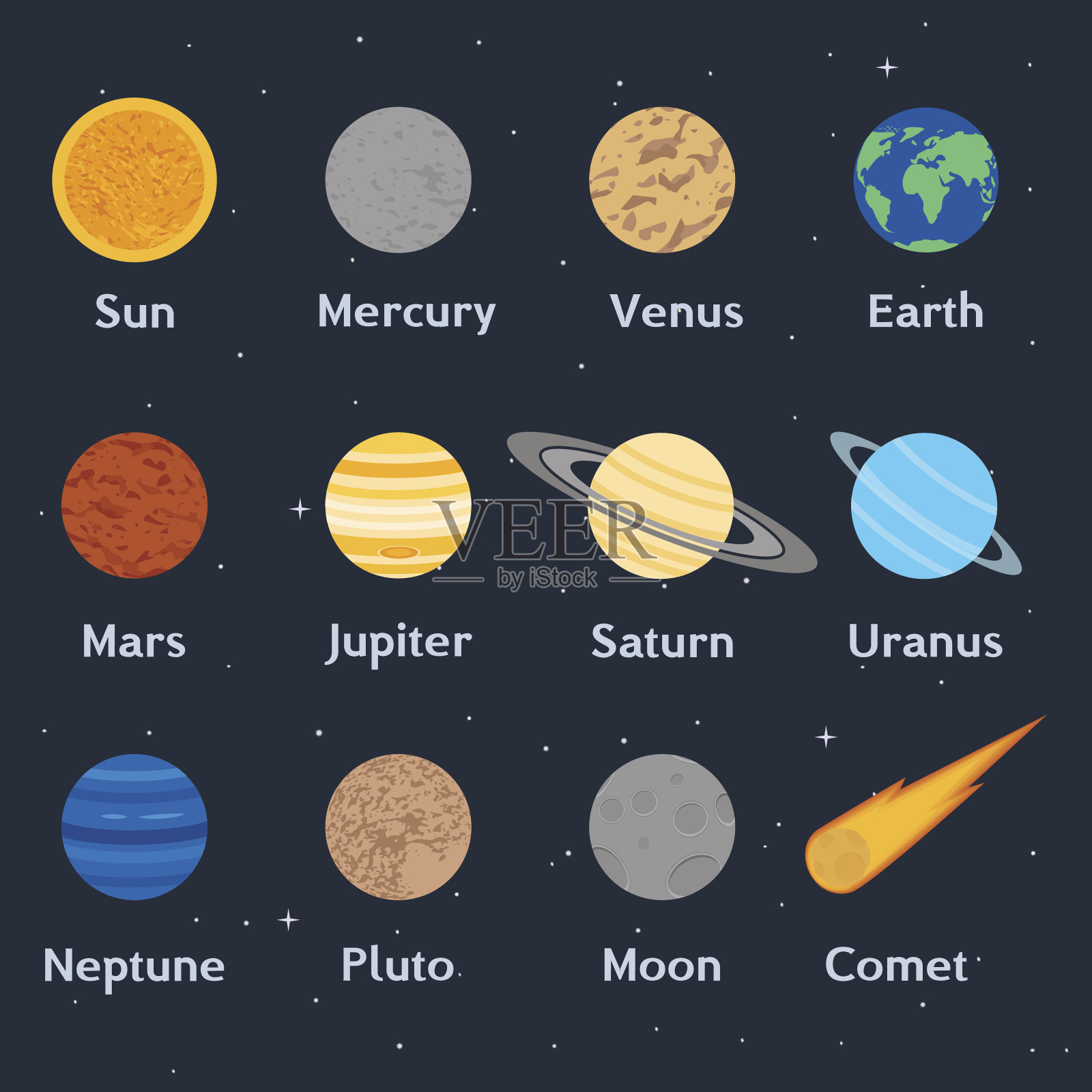太阳系的行星，彗星和月球插画图片素材