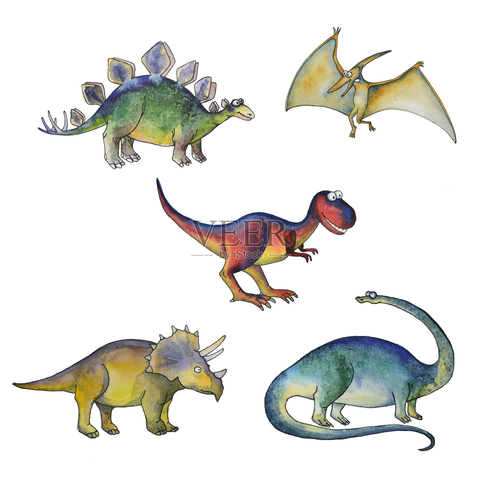 侏罗纪时期的恐龙集水彩画风格插画图片素材