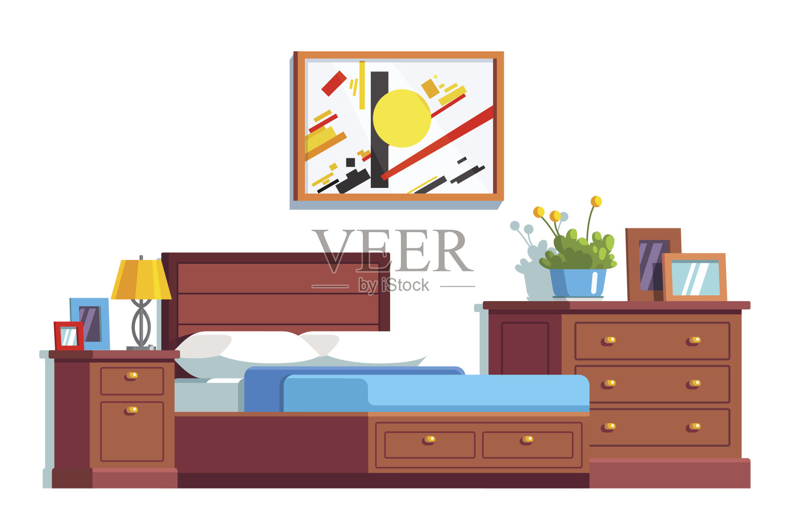 卧室装饰和家具均配有双人床插画图片素材