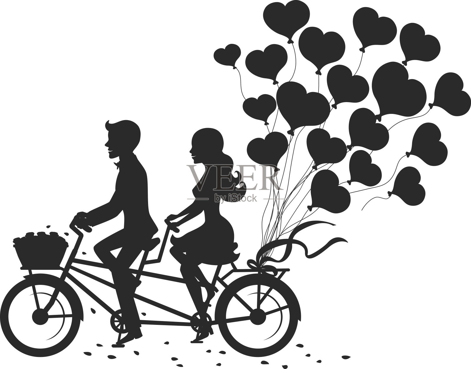 一对浪漫的男人和女人在一个约会驾驶双人自行车与心形气球剪影设计元素图片
