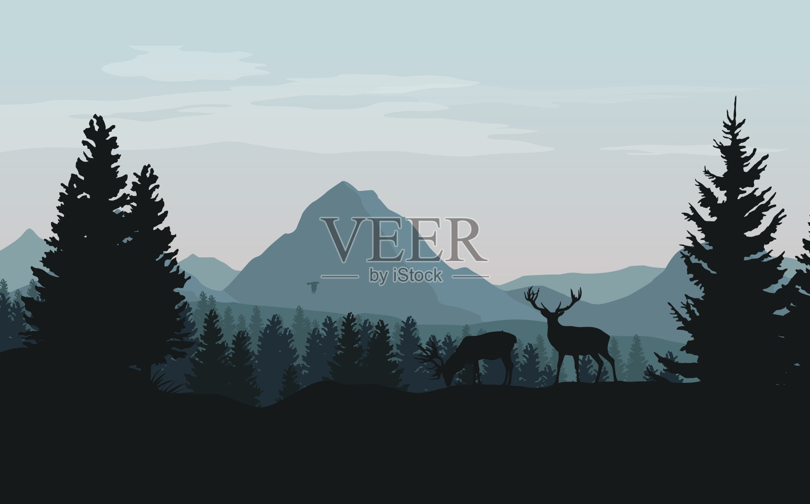 风景与蓝山，森林和树木和野鹿的剪影-矢量插图插画图片素材