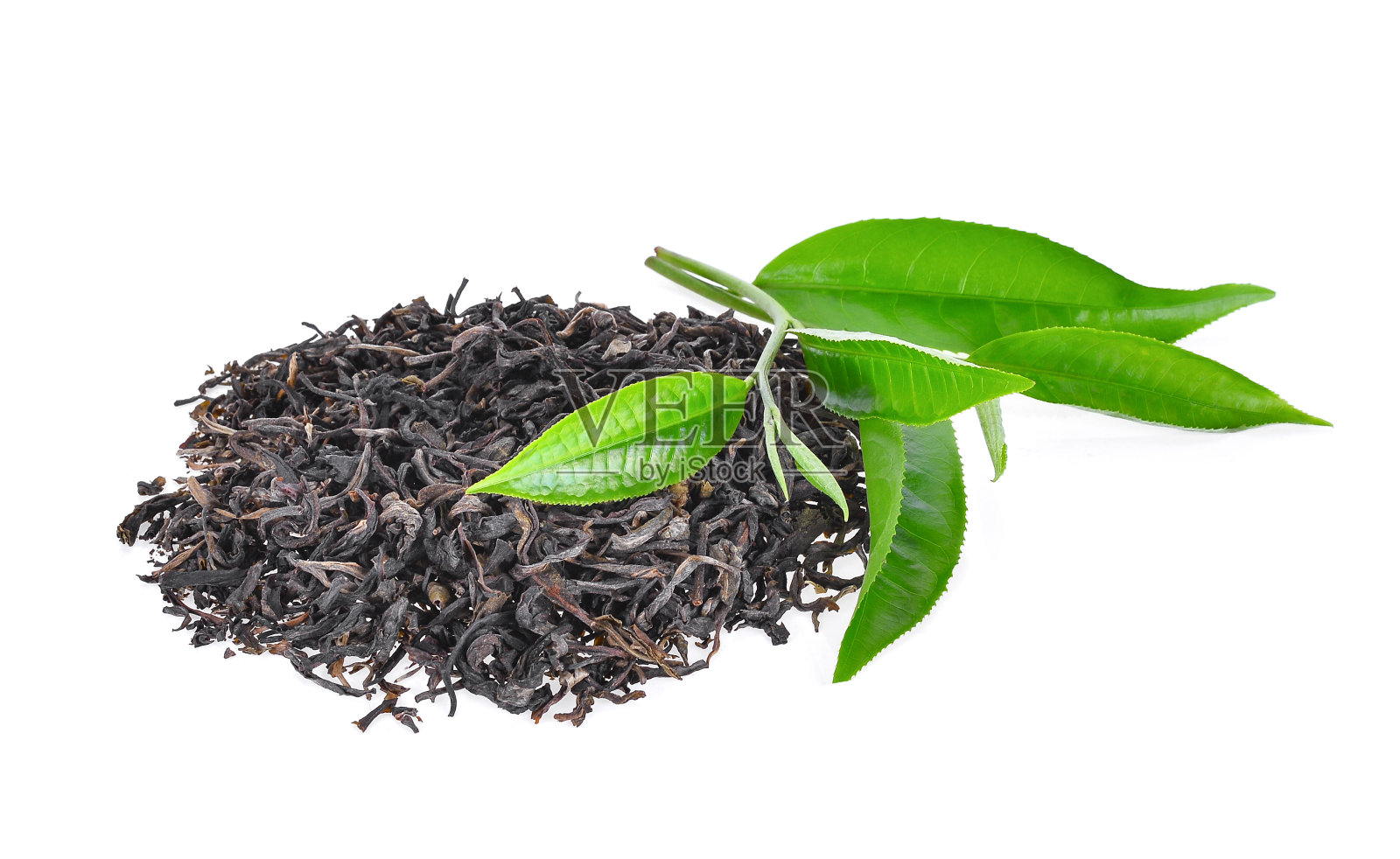 一堆干绿茶和新鲜的绿茶叶子孤立在白色的背景照片摄影图片