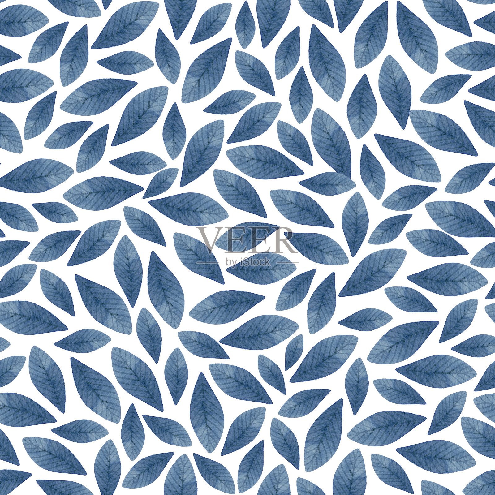 蓝色的叶子用水彩绘成简单的无缝图案插画图片素材
