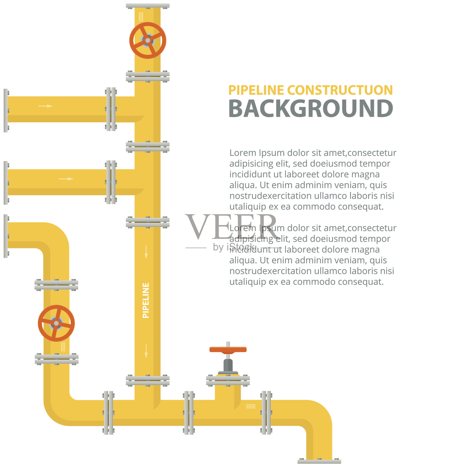 工业背景与黄色管线。石油、水或天然气管道的配件和阀门。插画图片素材