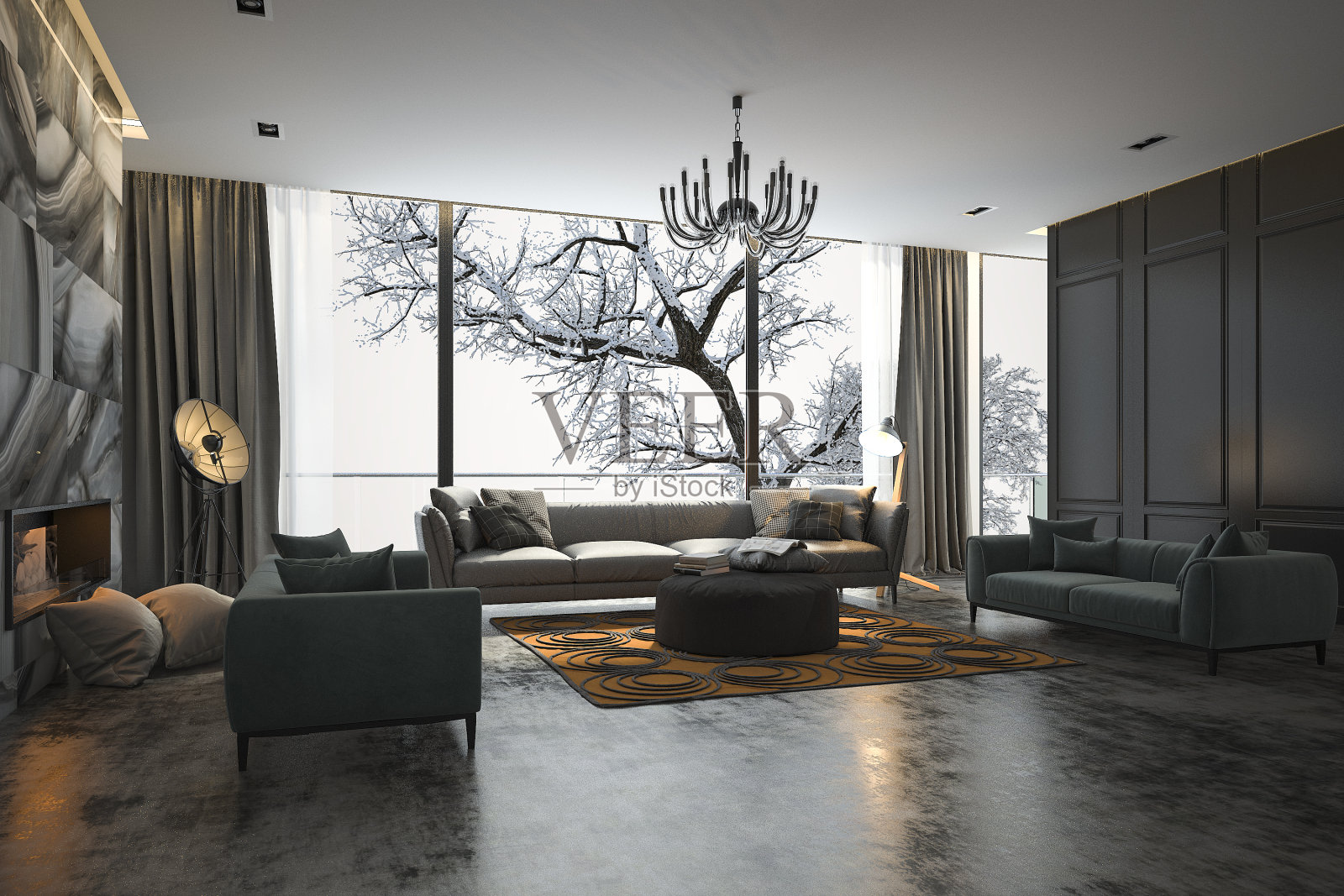 3d渲染客厅与沙发靠近冬天的景色窗外照片摄影图片