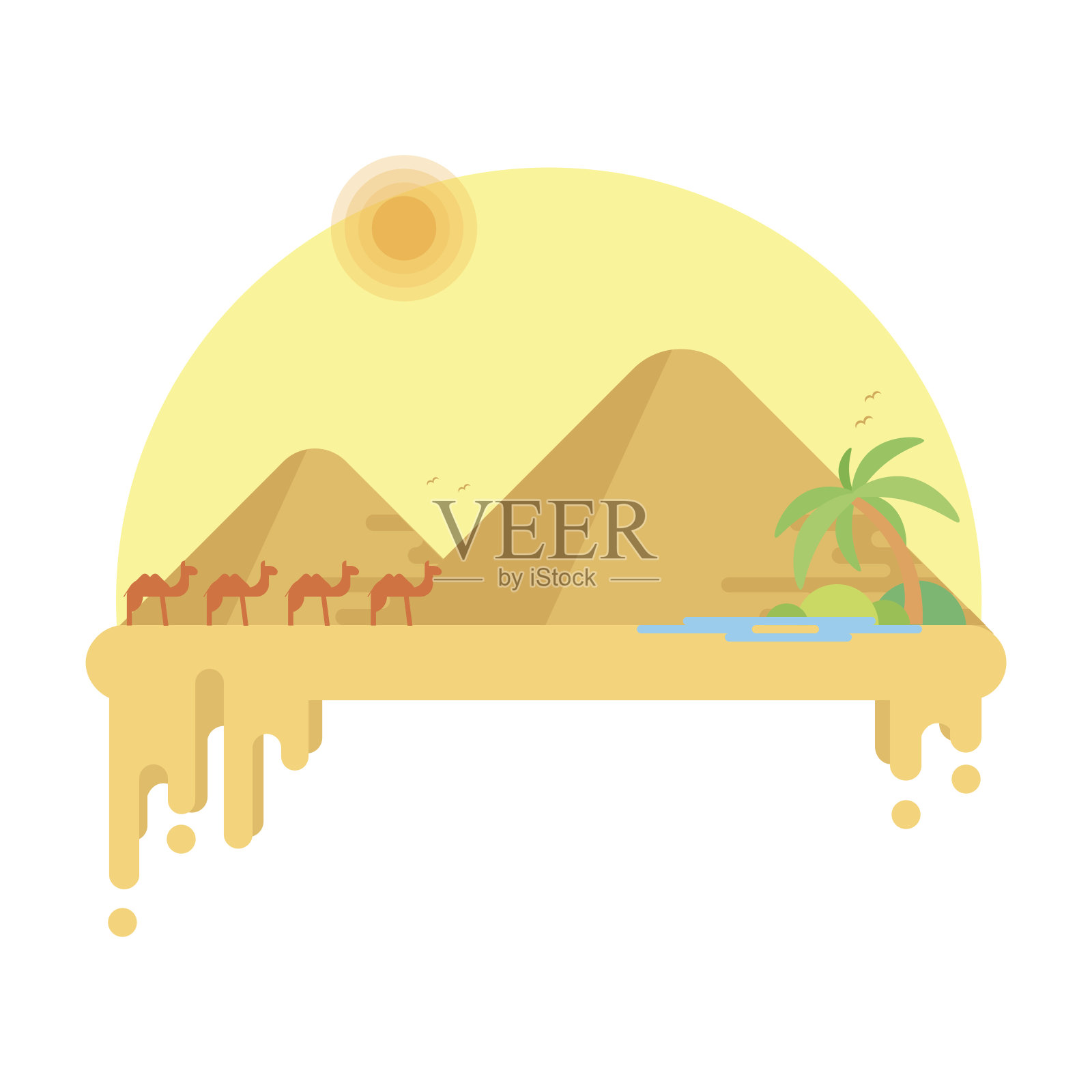 在吉萨金字塔的背景下，骆驼队前往绿洲。平面向量插图插画图片素材