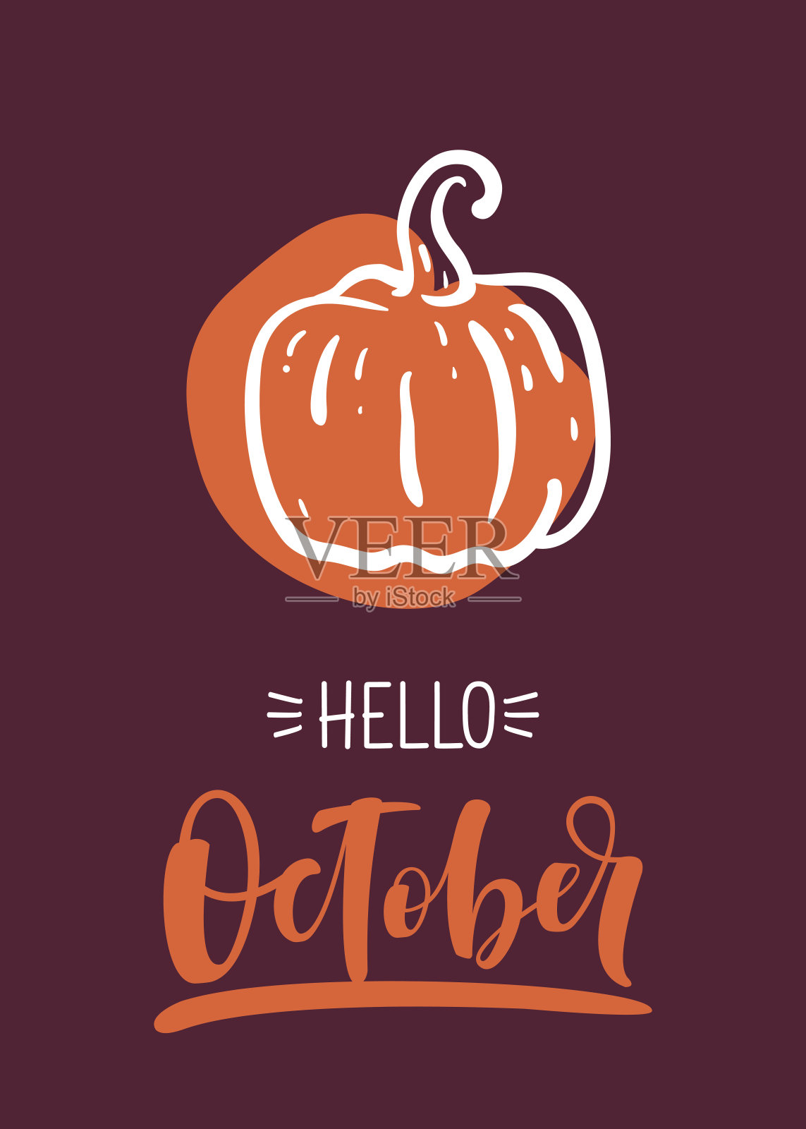 秋天的书法卡与南瓜。“你好十月”的书法文字。设计模板素材