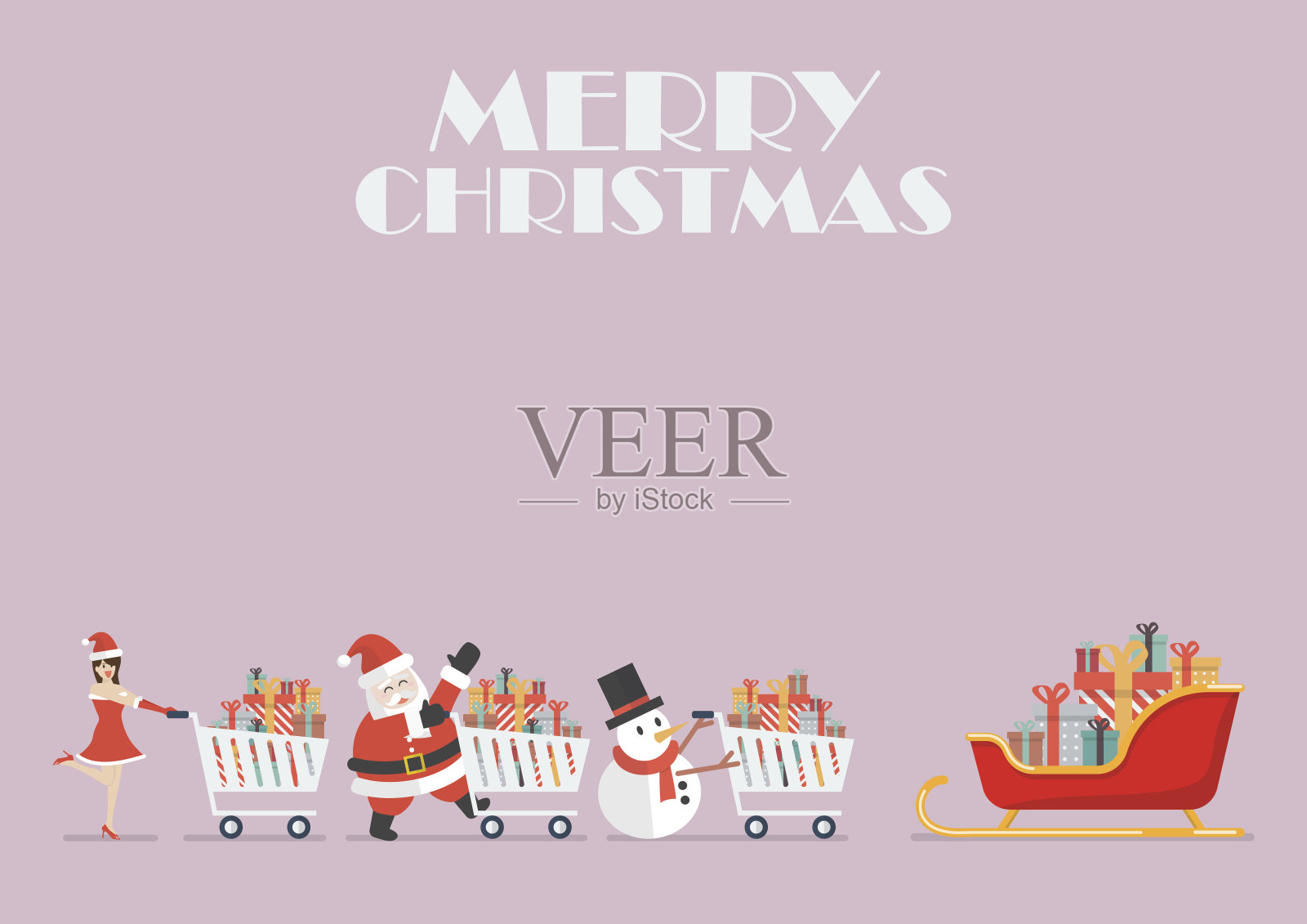 圣诞老人圣诞女孩和雪人推着购物车到雪橇上插画图片素材