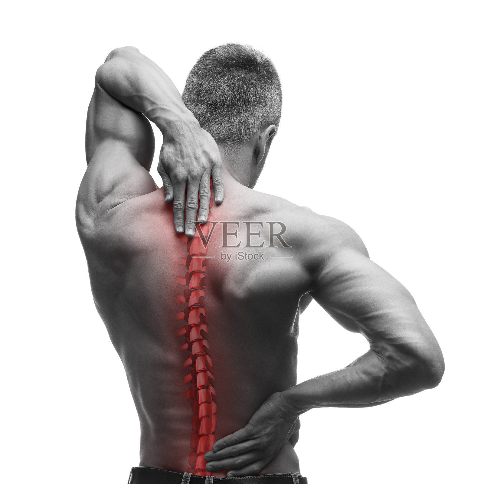脊柱痛，男人腰痛，脖子痛，黑白照片，脊椎骨红照片摄影图片