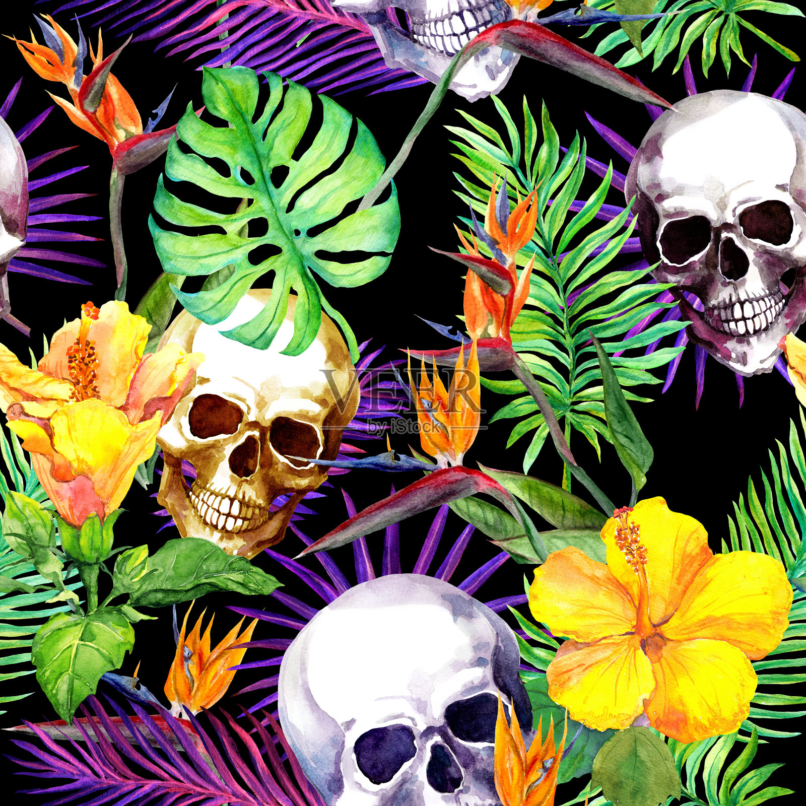 人类头骨，热带树叶，奇异的花朵。重复图案在黑色背景。水彩插画图片素材