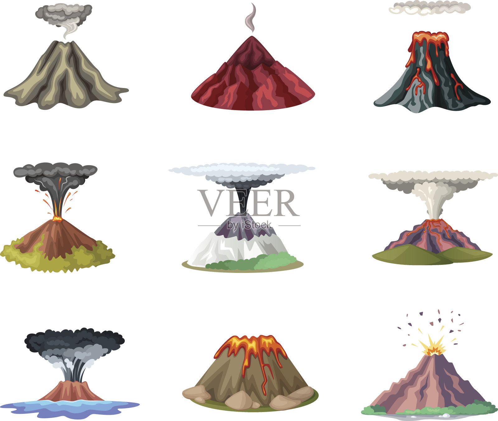 矢量插图设置的山和火山的热爆发插画图片素材