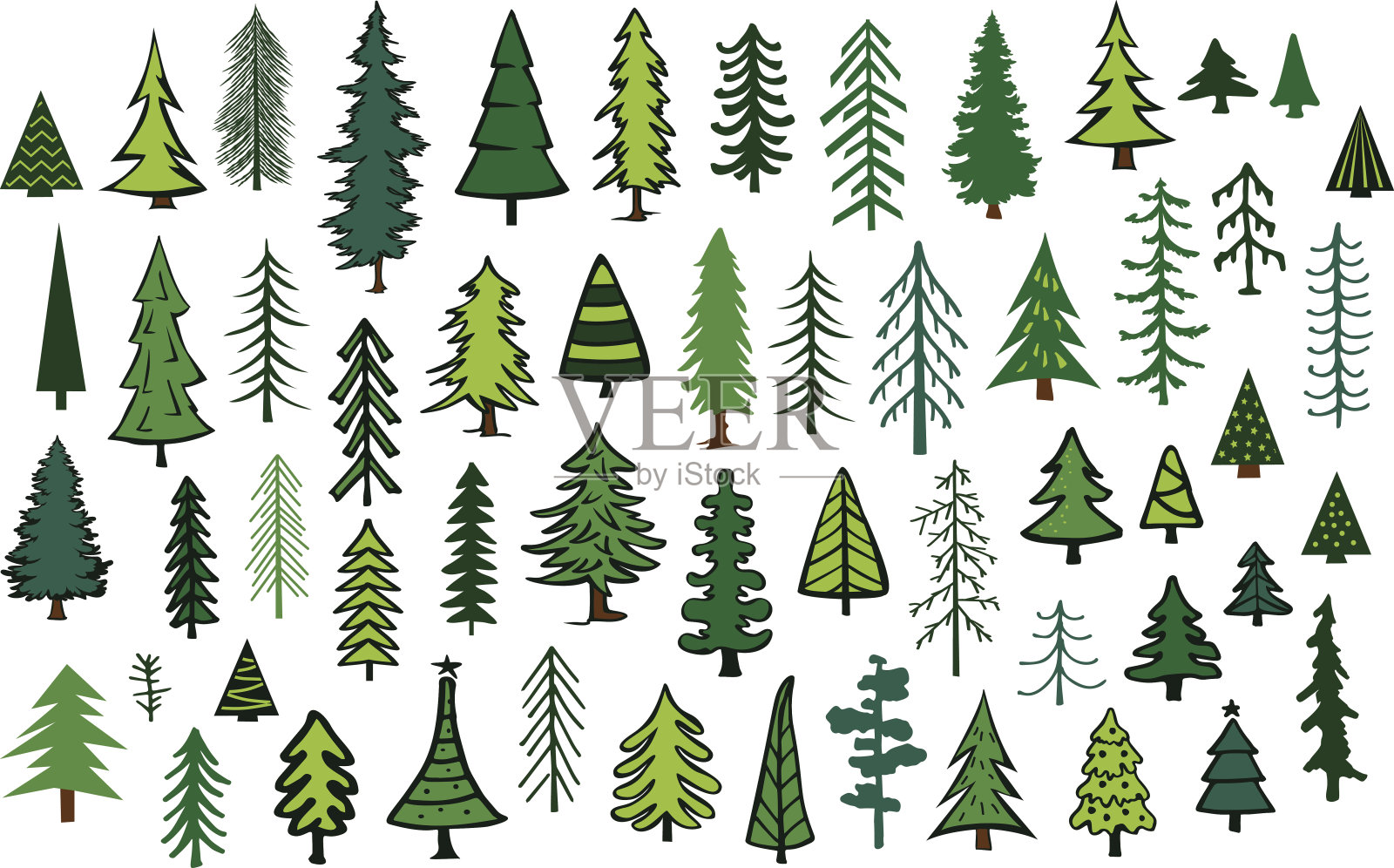 可爱抽象针叶树常绿松树冷杉圣诞树收集设计元素图片