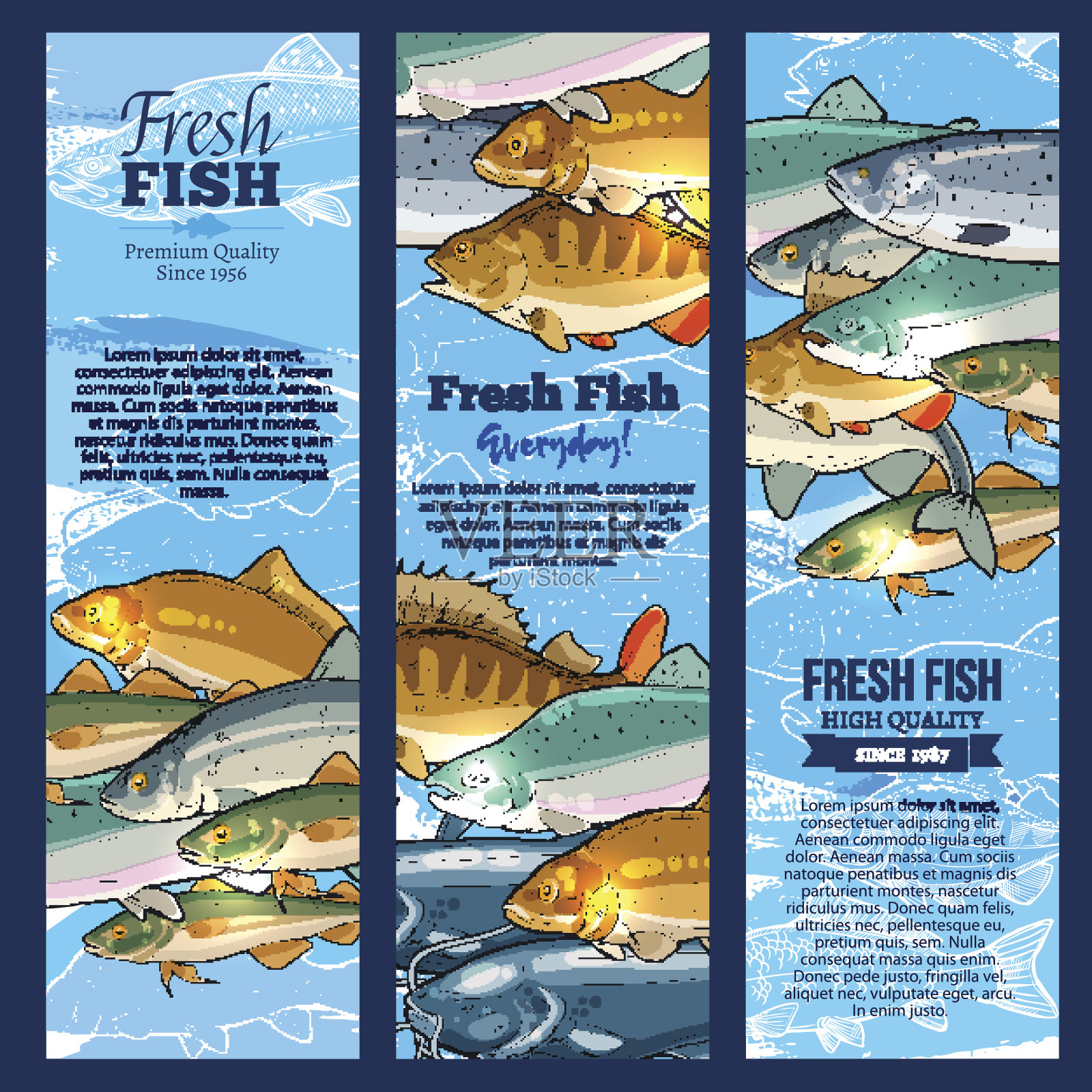 为海鲜市场捕捞的鱼的载体横幅插画图片素材