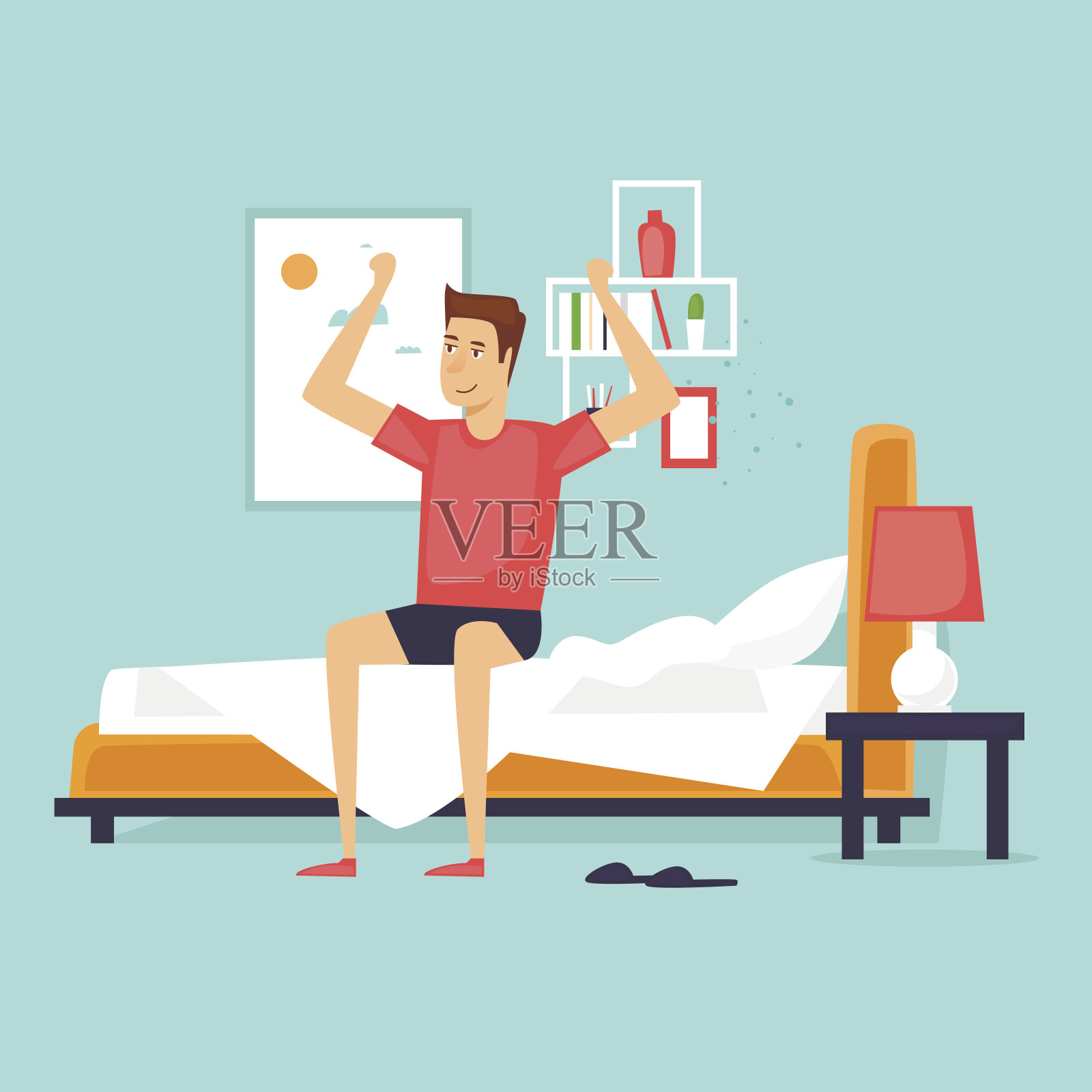 男人早上醒来伸懒腰，起床后坐在床上。平面设计矢量插图。插画图片素材
