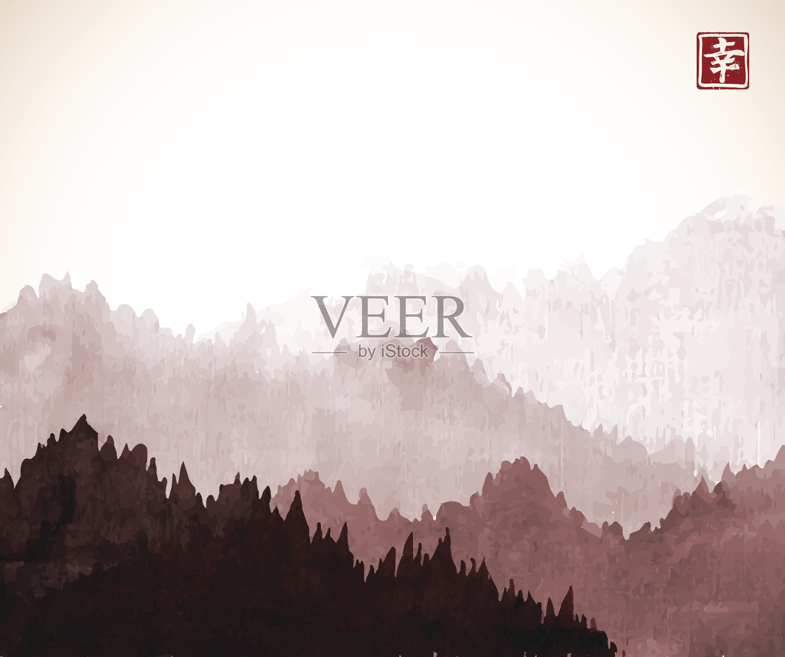 山与森林树木在雾复古风格。包含象形文字-幸福。传统的东方水墨画粟娥、月仙、围棋。插画图片素材