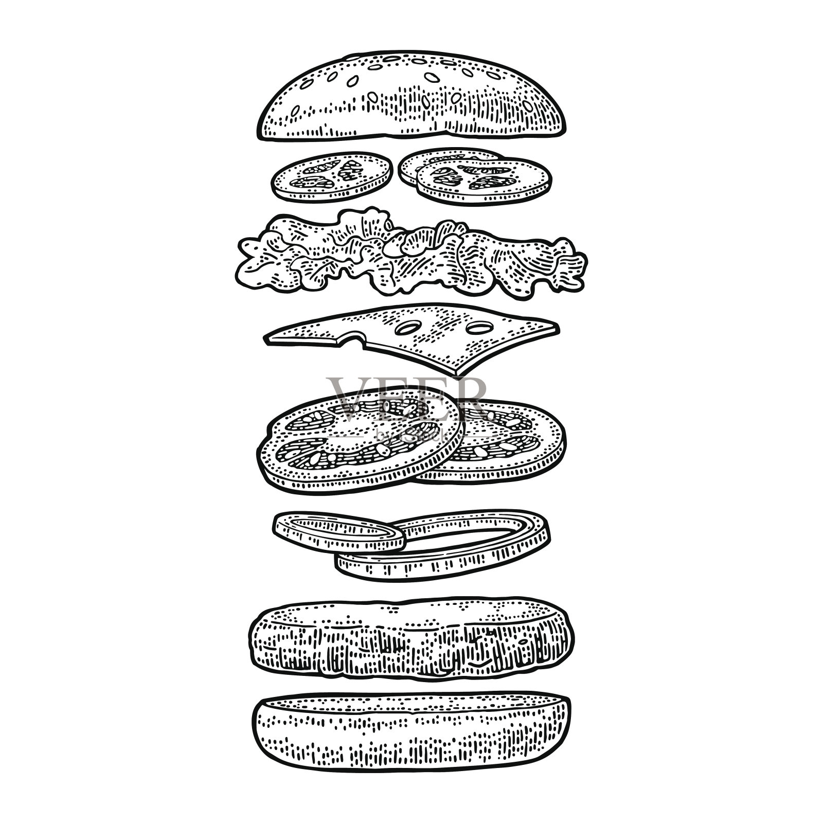 白色背景上有飞行配料的汉堡。矢量黑色复古版画设计元素图片