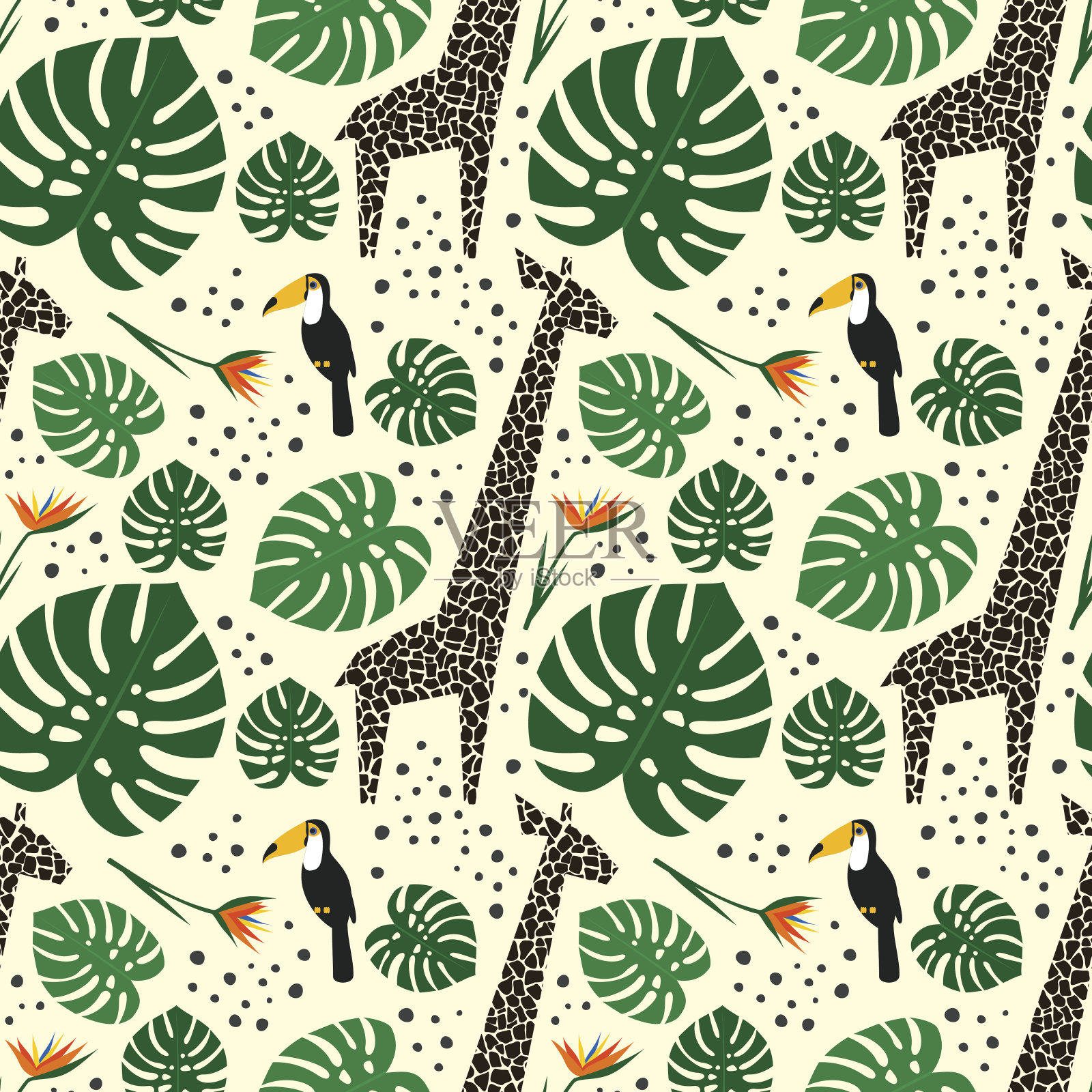 长颈鹿，巨嘴鸟和棕榈叶无缝图案上的白色背景。插画图片素材