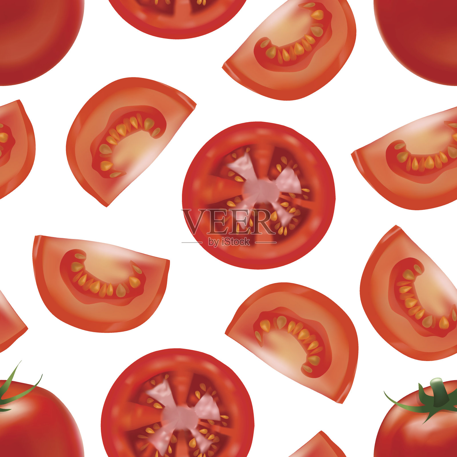 现实详细的红色番茄和部分背景图案。向量插画图片素材