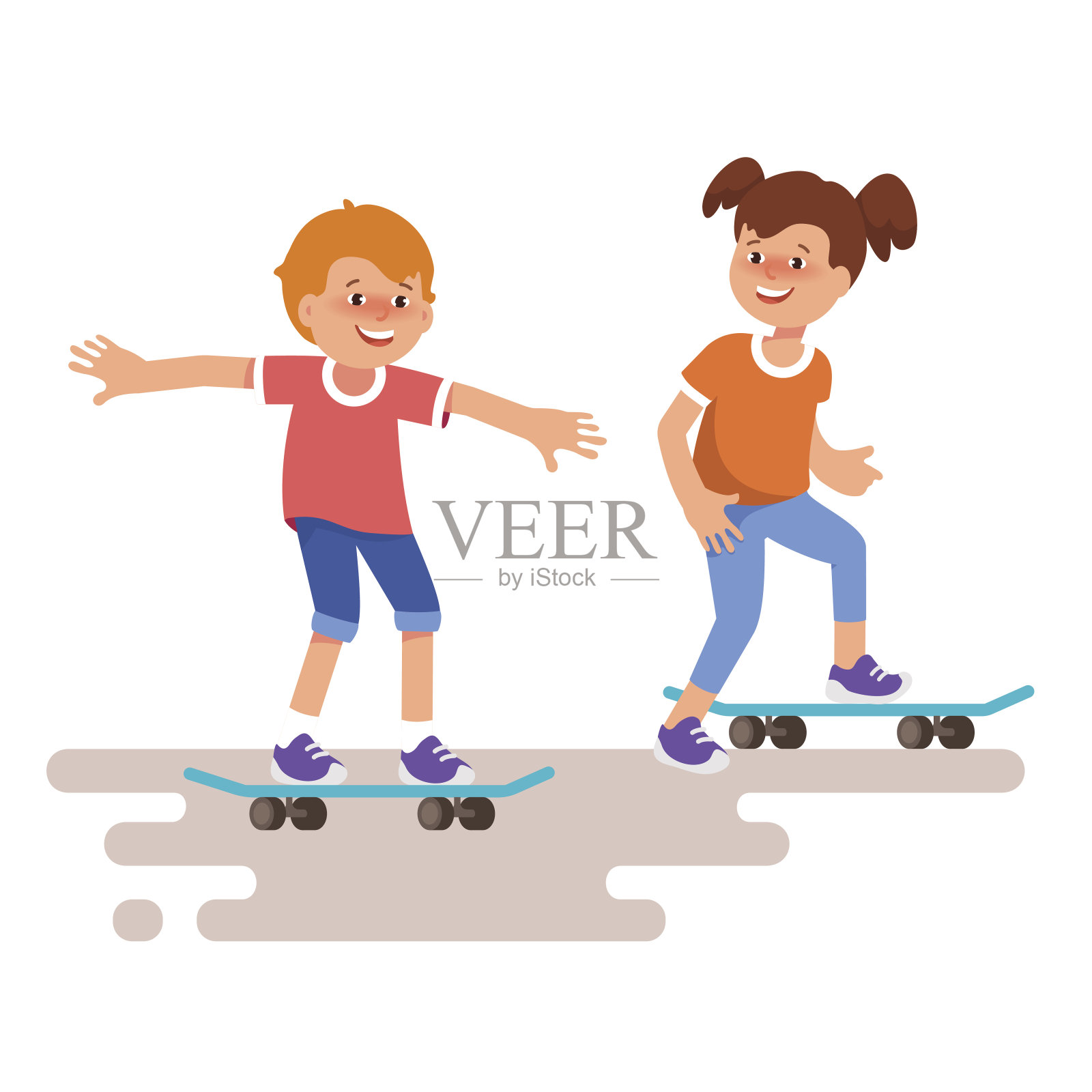 快乐的少年男孩和女孩滑板插画图片素材