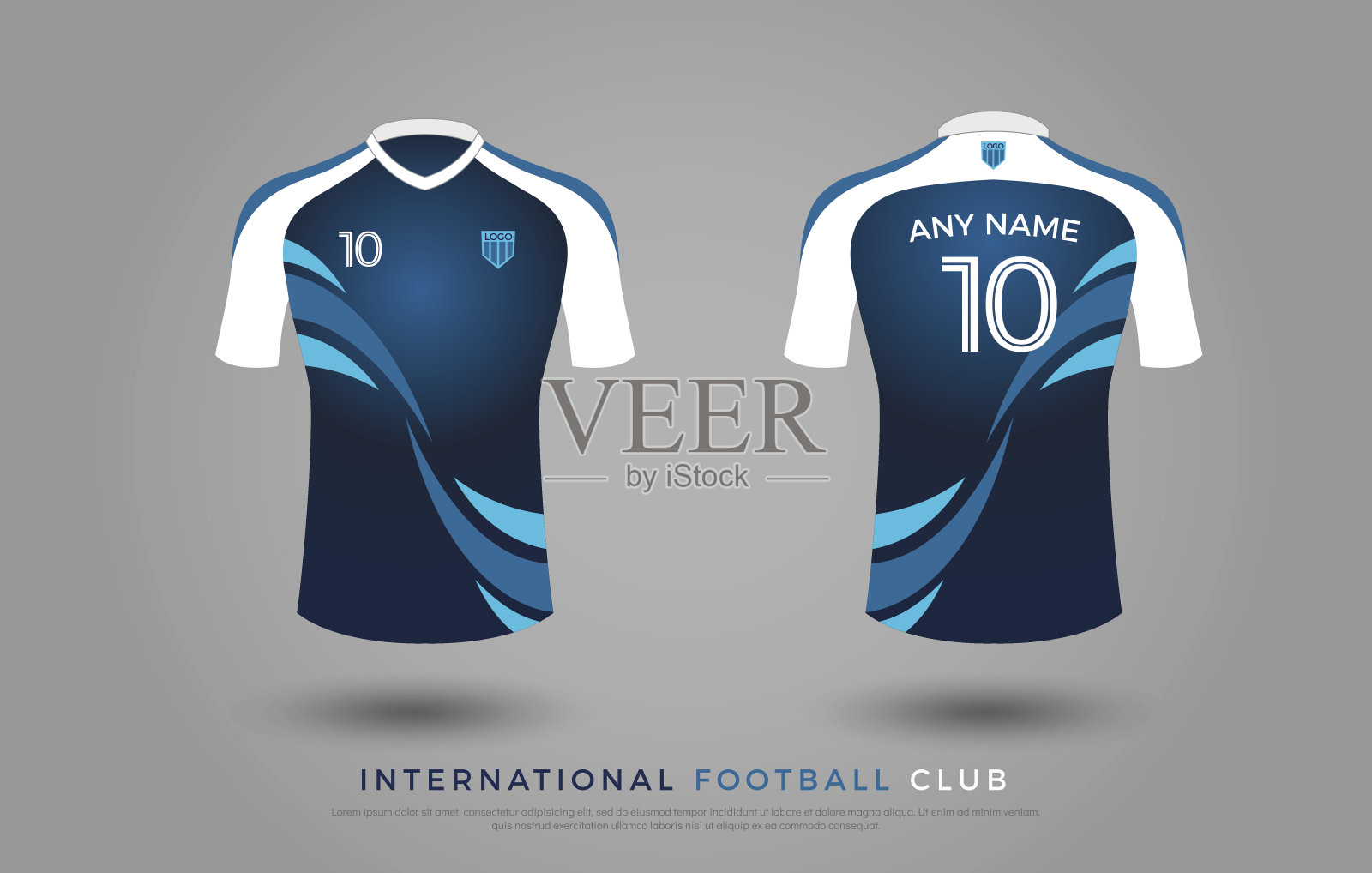 足球t恤设计统一的足球套装。足球俱乐部的足球运动衫模板。蓝色和白色，正面和背面的足球衫模拟。矢量图插画图片素材
